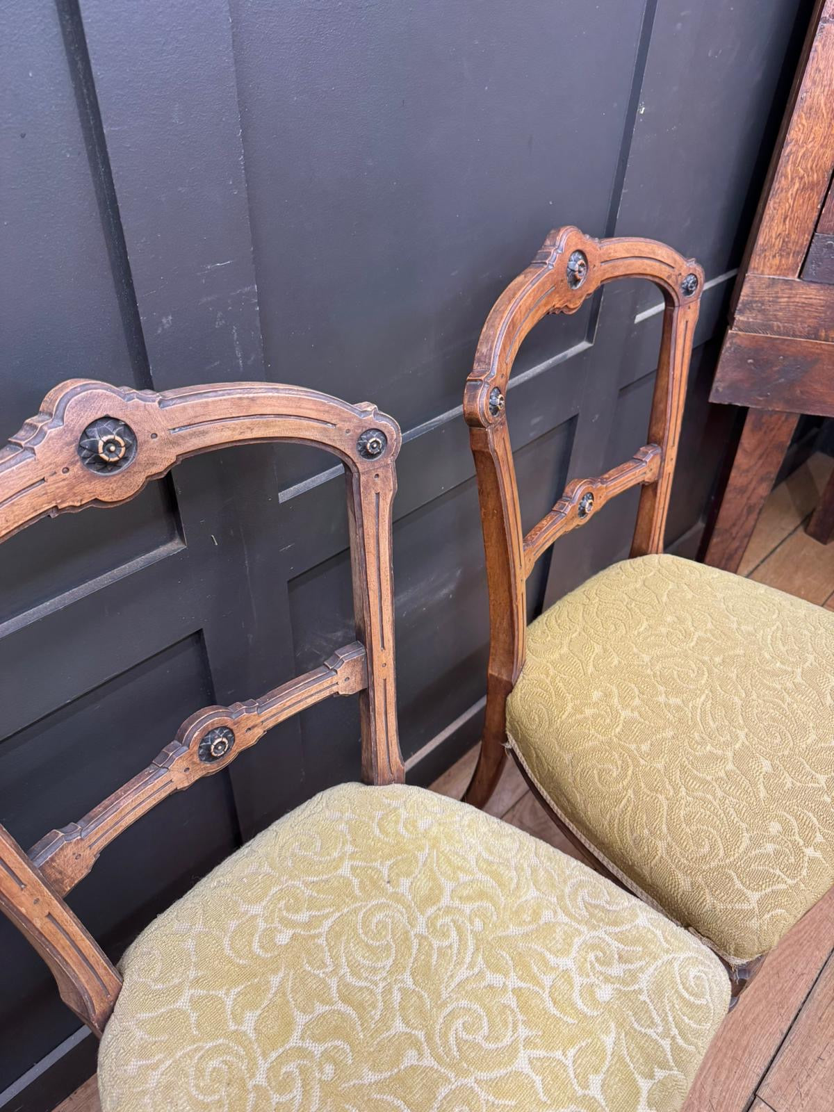 Set of Late Victorian Upholstered Dining Chairs / Walnut Kitchen Chairs