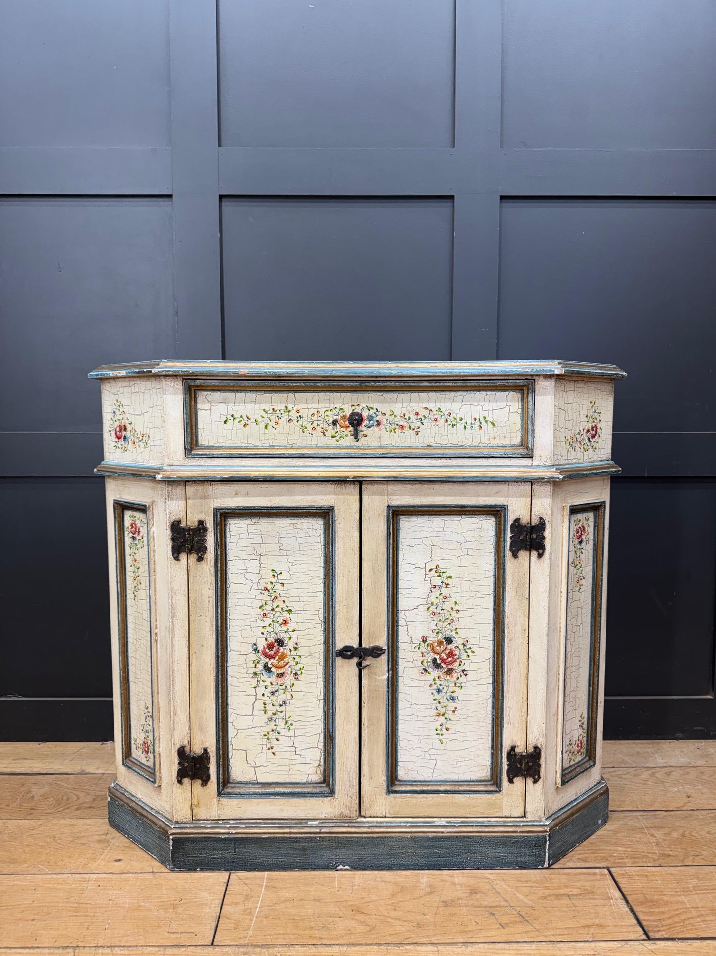 Vintage French Cream Floral Painted Side Cupboard Cabinet Sideboard Drawer Doors