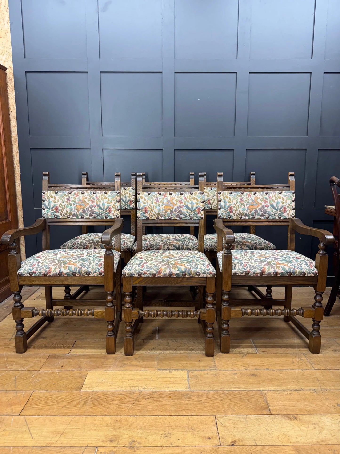 Old Charm Set 6 Dining Kitchen Chairs 2 Carvers Pegasus Fabric Solid Oak Vintage
