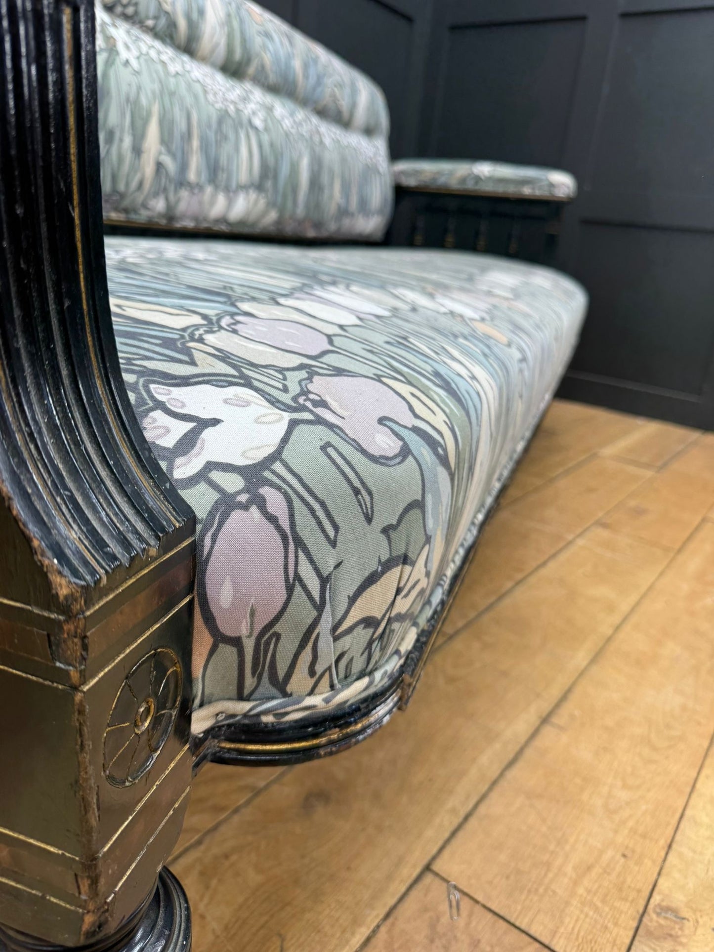 Antique Ebonised Arts & Crafts Settee – Inlaid Frame Vintage Sofa Couch