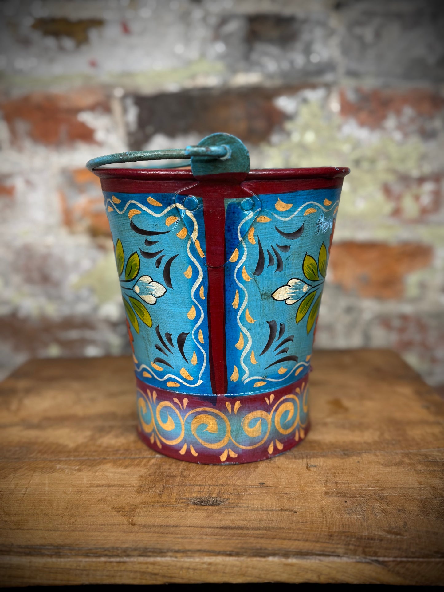 Vintage Small Hand Painted Bucket / Plant Pot / Herb Planter / Blue /Red / Pail