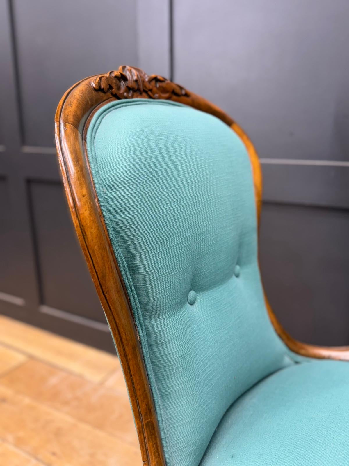 Victorian Walnut Nursing Chair in Green/Teal Upholstery / Bedroom Chair