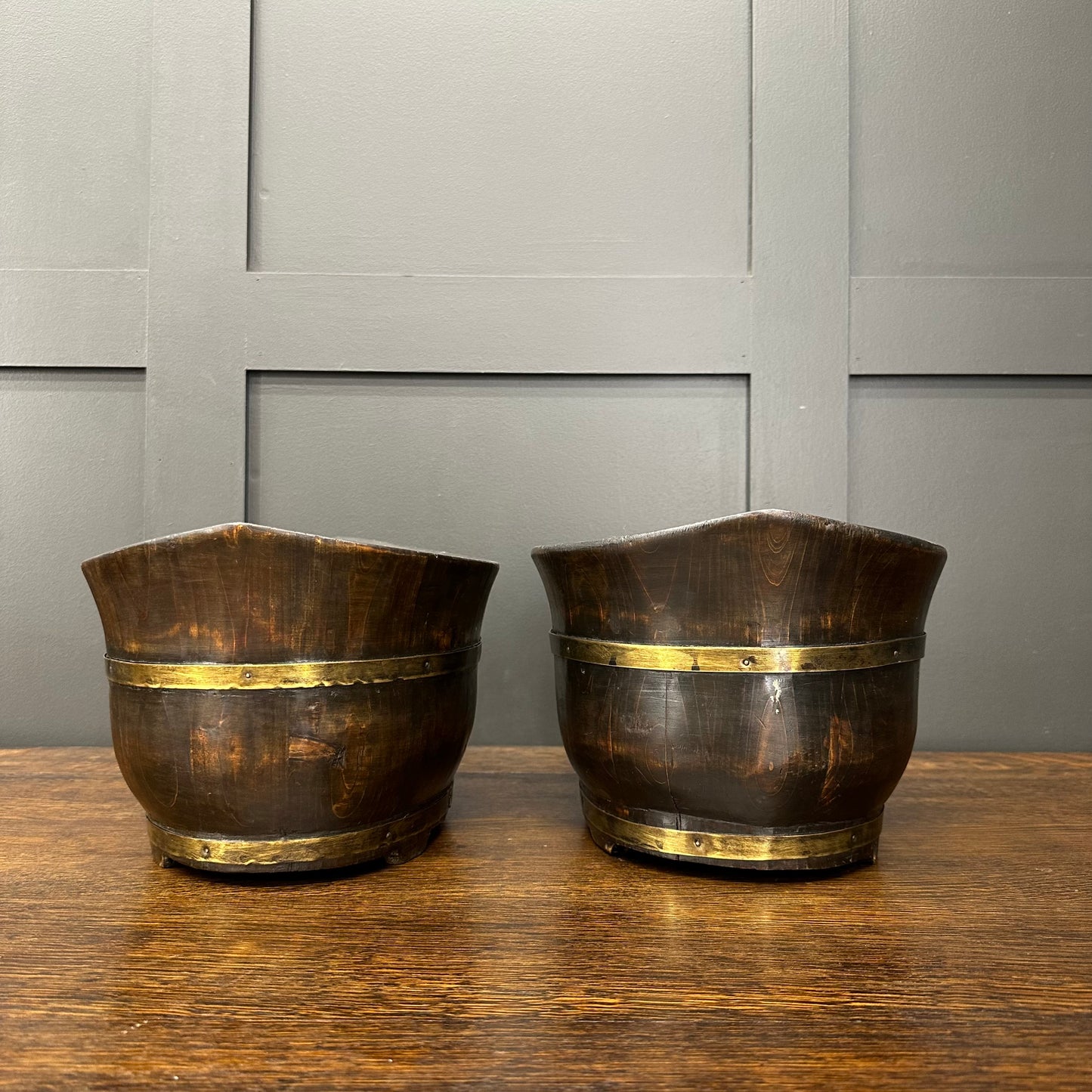 Pair of brass coopered stained pine jardinieres /Plant Pots /Fruit Bread Bowls