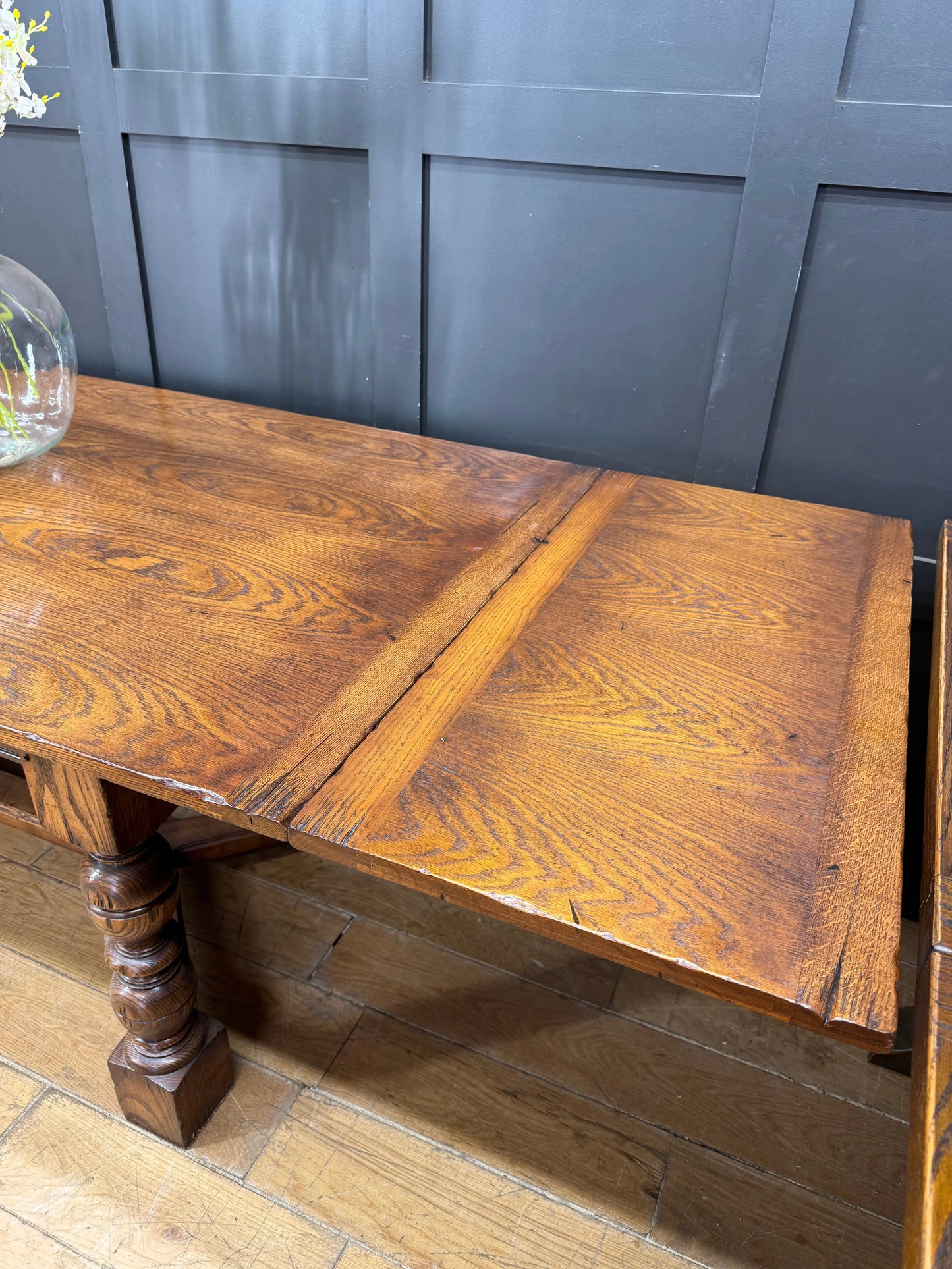 Large Vintage Oak Extending Refectory Dining Kitchen Table with Draw Leaf 275cm