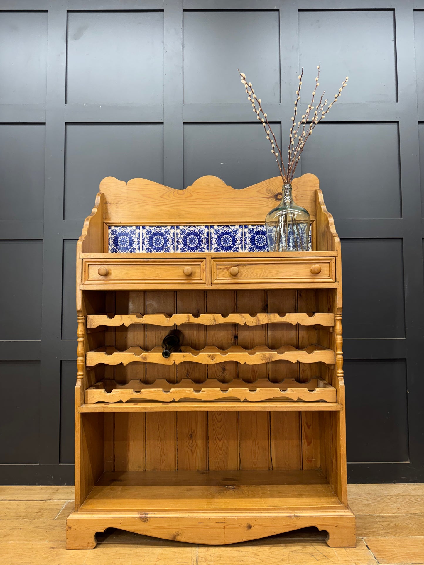 Large Rustic Pine Wine Rack Kitchen Dresser Cabinet with Blue Delft Tiles