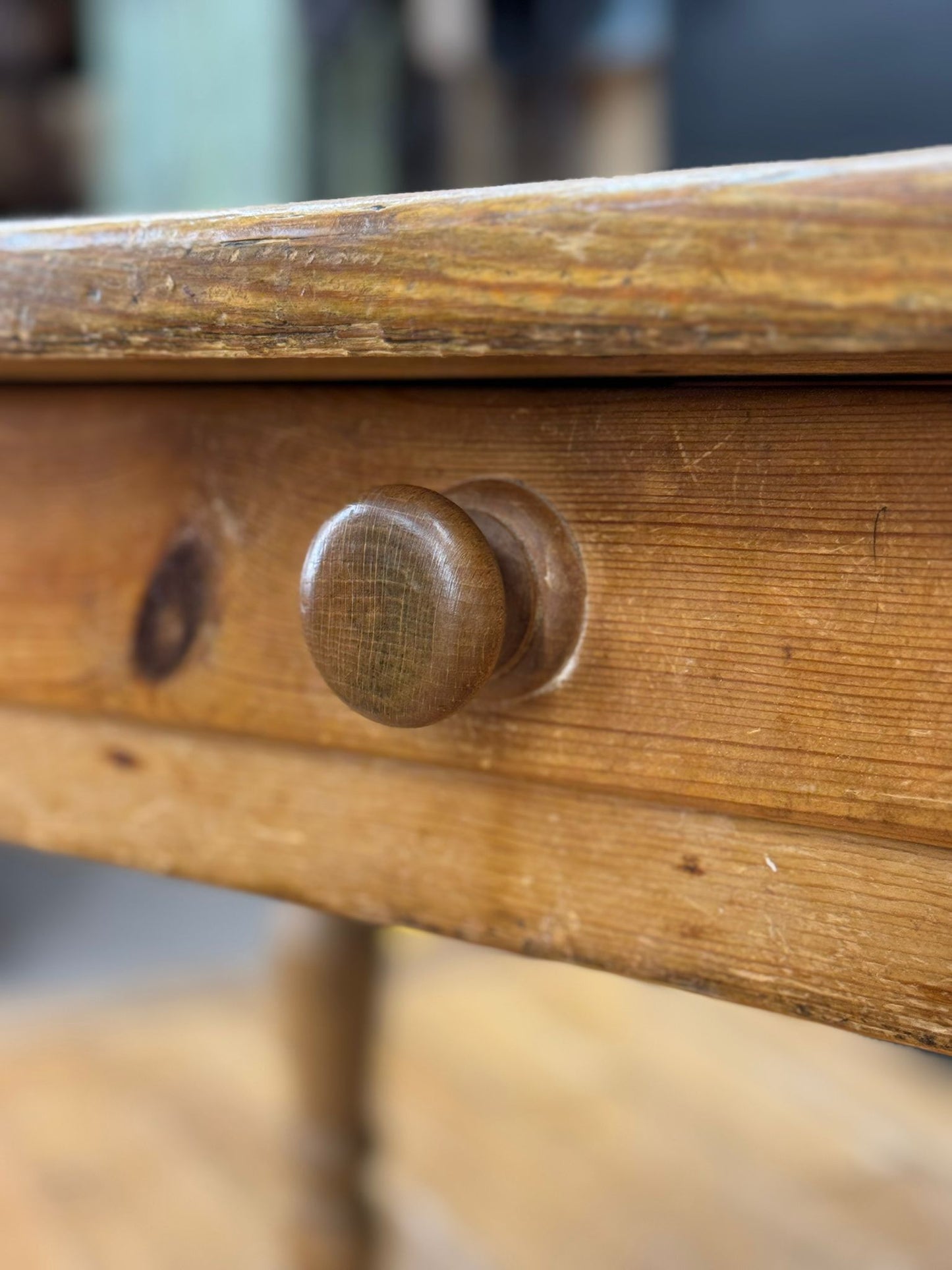 Vintage Pine Farmhouse Kitchen Table Turned Legs Drawer Rustic Dining