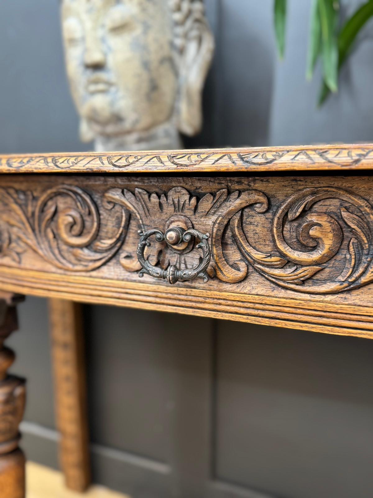 Antique Carved Oak Side Table Console Table Hall Table Drawer Desk Furniture