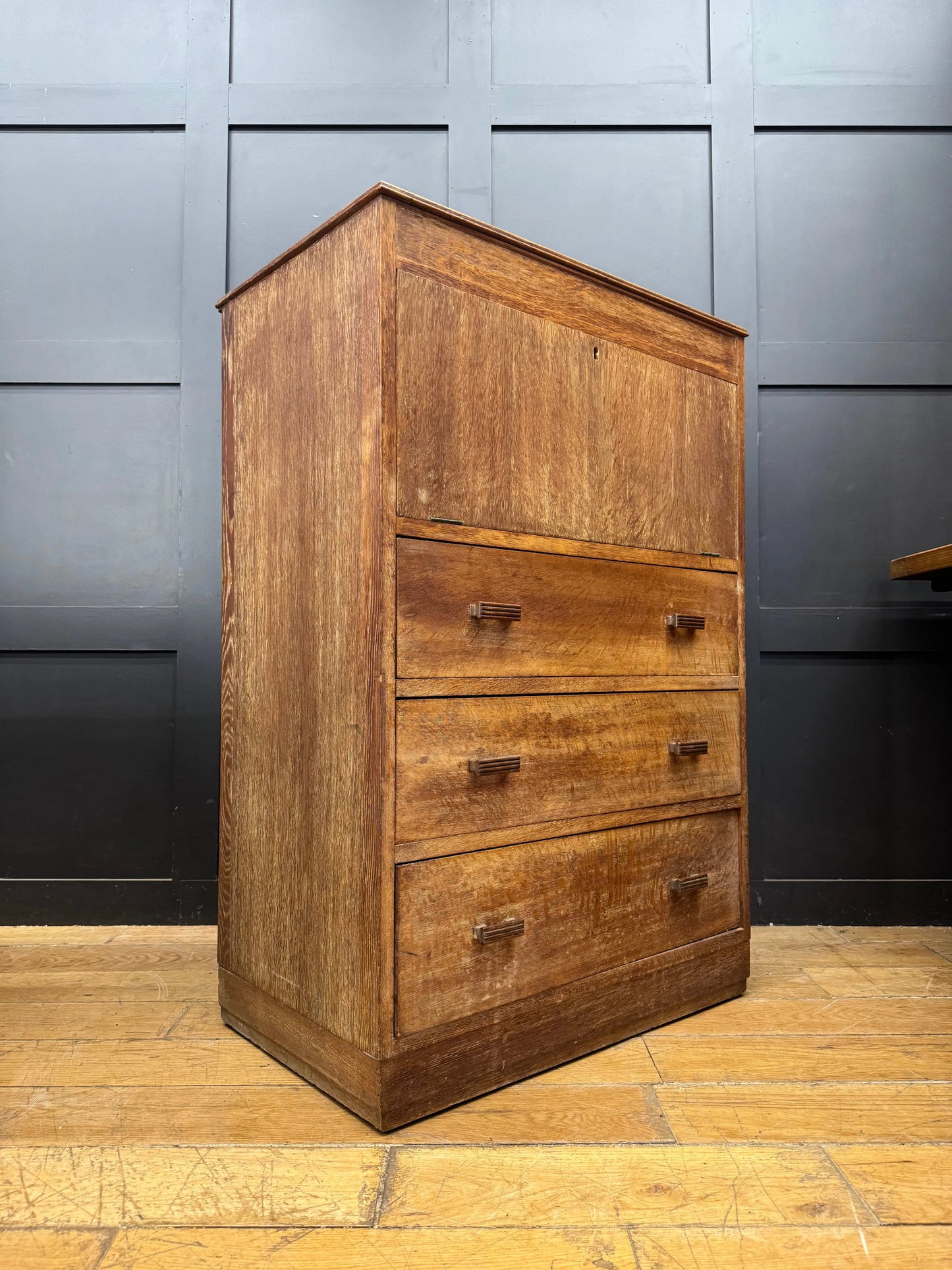 1930s Art Deco Limed Oak Bureau Chest of Drawers Writing Desk  Mirror Tallboy