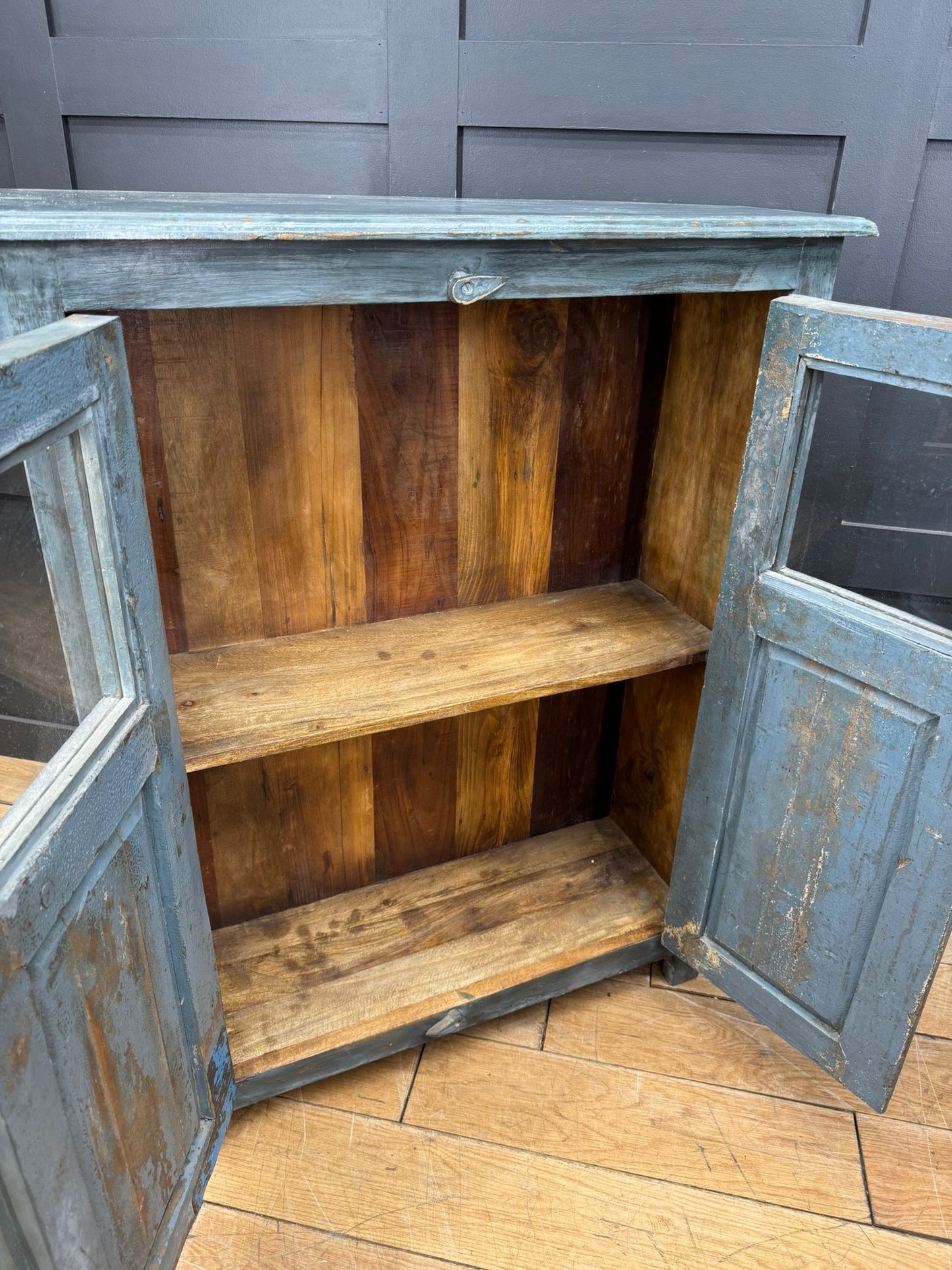 Vintage Blue Glazed Cabinet / Painted Bookcase Cupboard Display Cabinet A