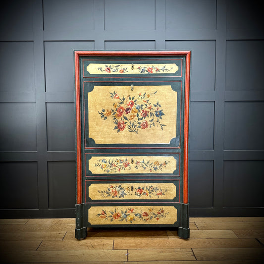 French Painted Drop Front Bureau Desk  / Vintage Cupboard / Cocktail Cabinet