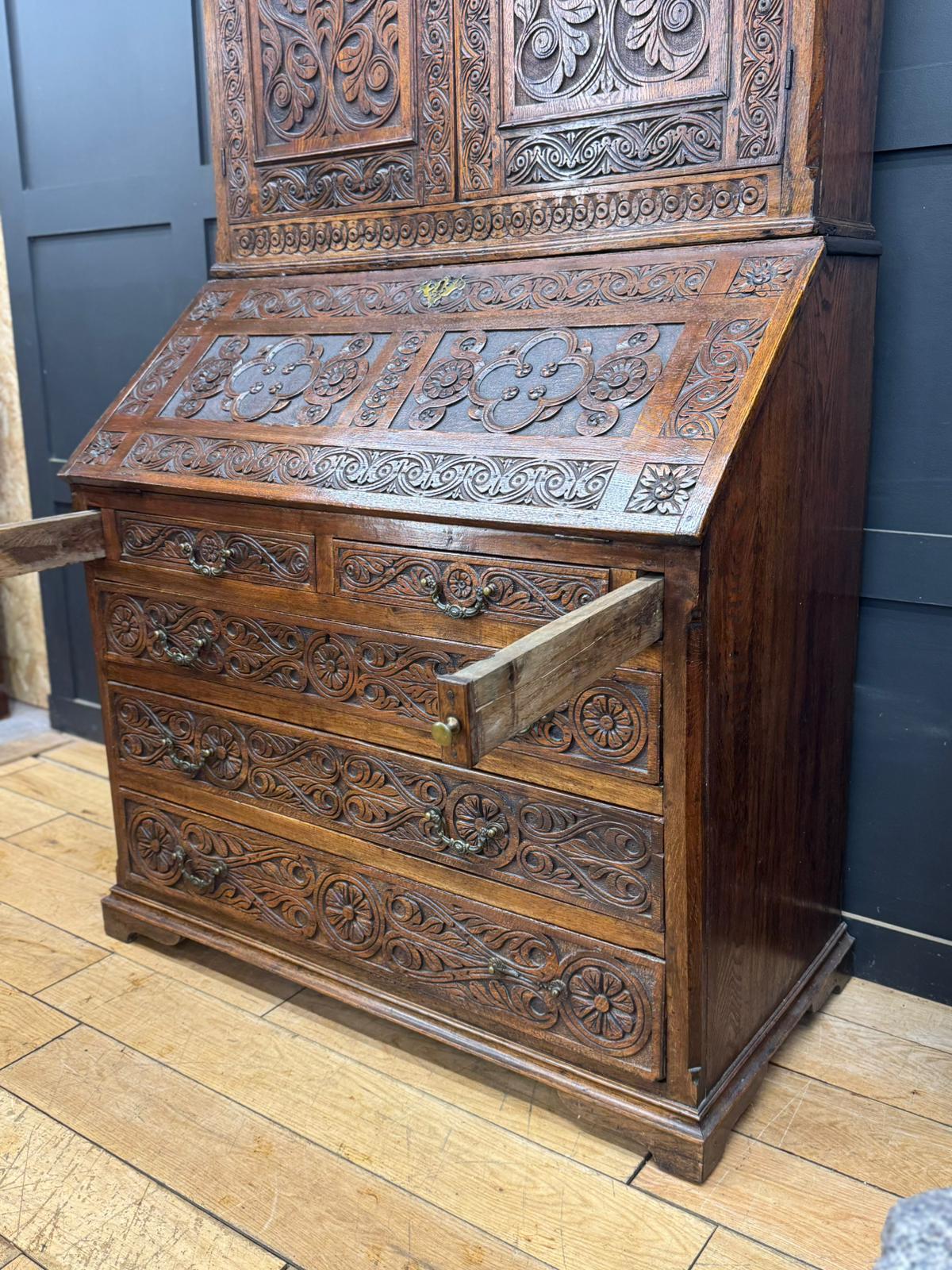 Antique Carved Oak Bureau Bookcase – Decorative Oak Writing Desk