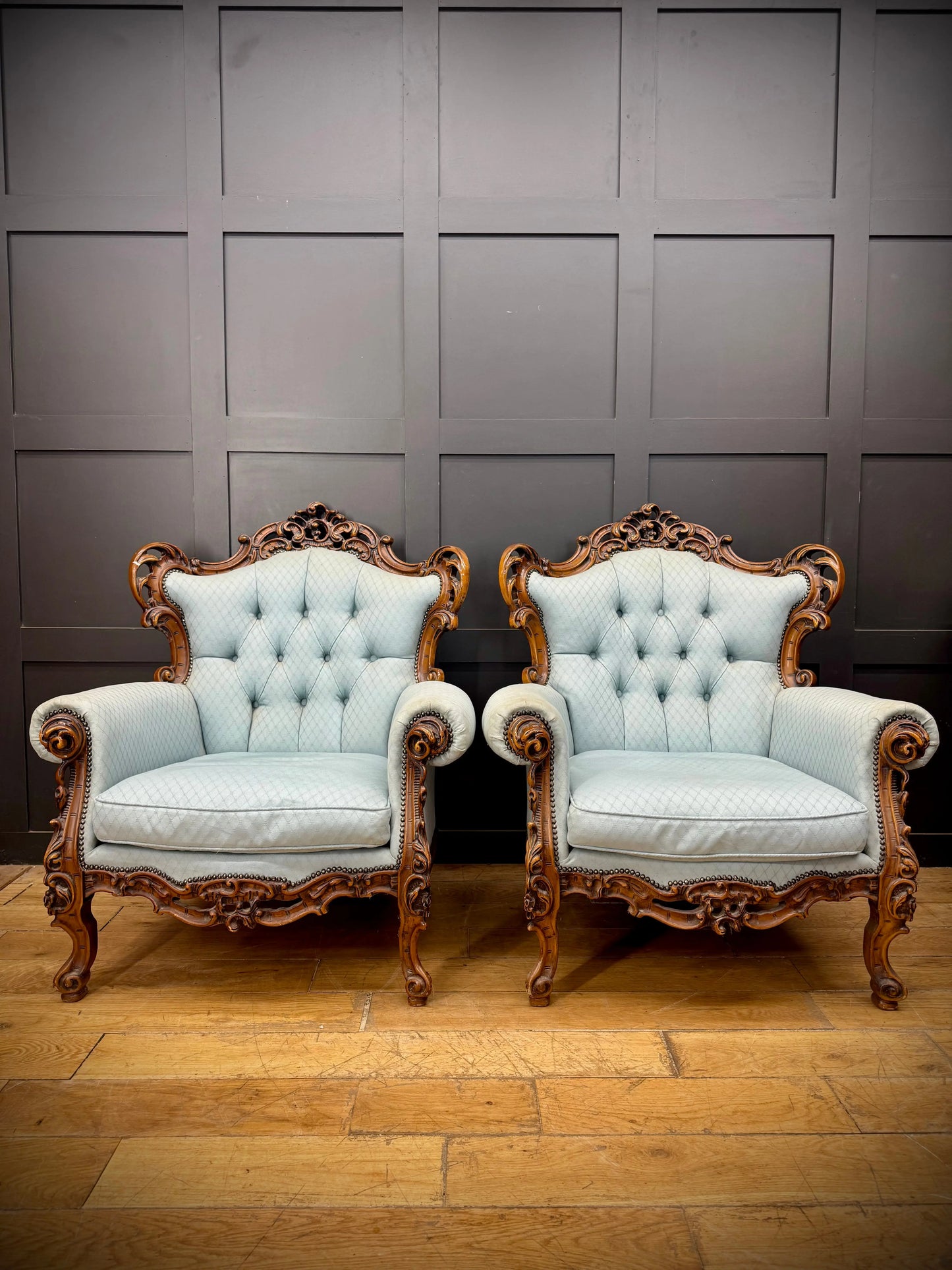 Pair Vintage Armchairs French Louis XV Style Rococo Carved Wood Upholstered