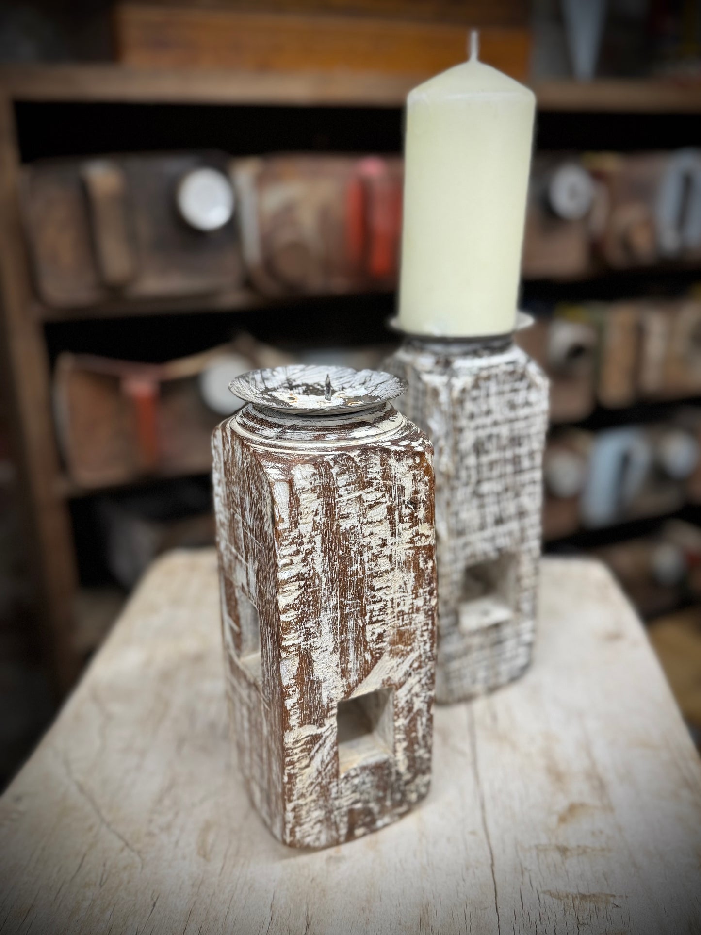 Pair Of Rustic Wooden Candle Holders / Large Church Candle Candlesticks /D