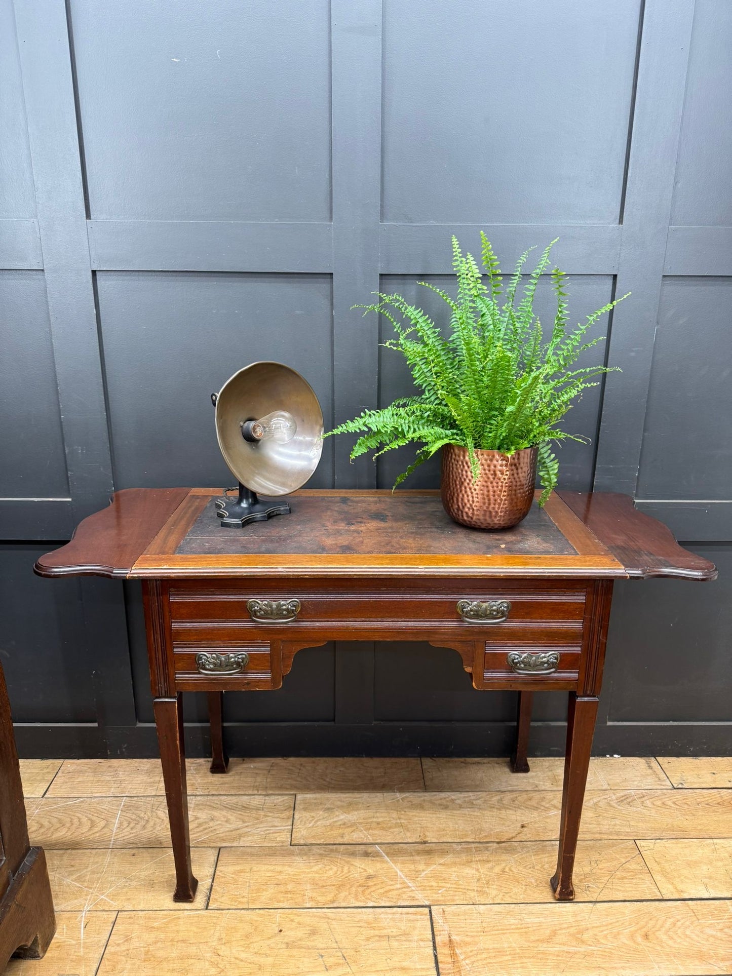 Vintage Mahogany Drop Leaf Side Table – 3 Drawers – Leather Inset Top