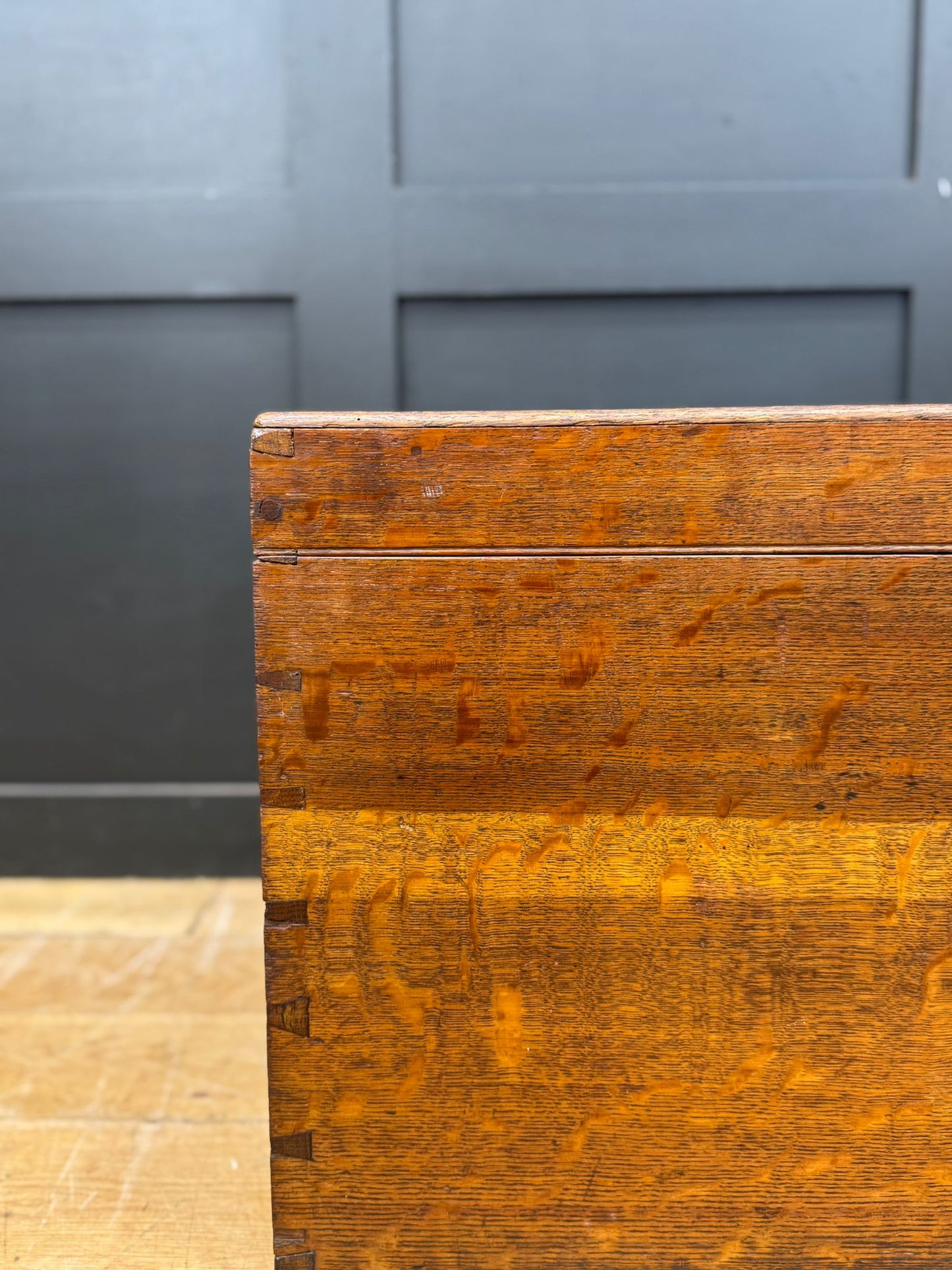 Antique Oak Box Trunk Chest Coffee Table Storage Brass Handles Campaign Style