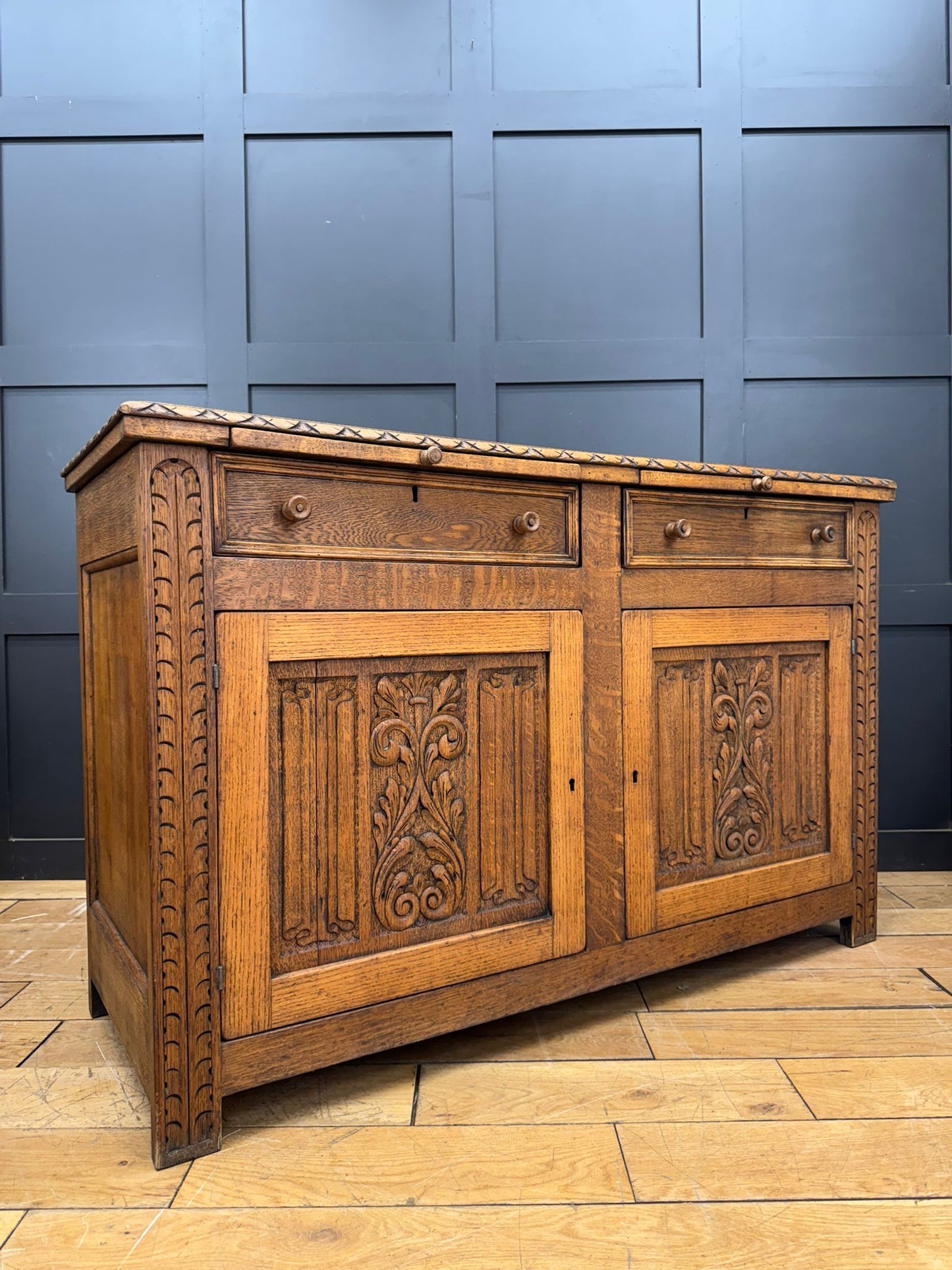 Antique Solid Oak Sideboard – Stripped Finish – Cupboard Drawers