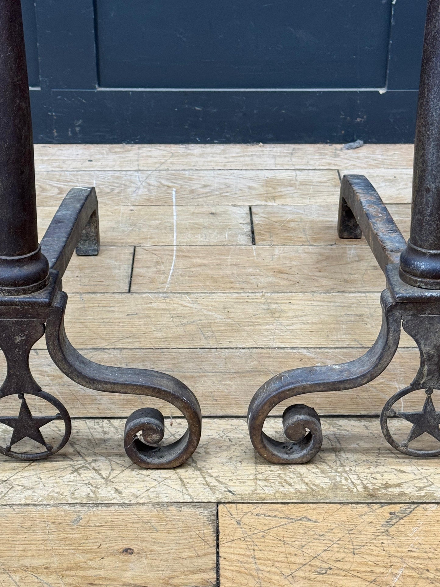 Large Pair Antique Cast Iron Fire Dogs Andirons Fireplace Scroll Supports c1900