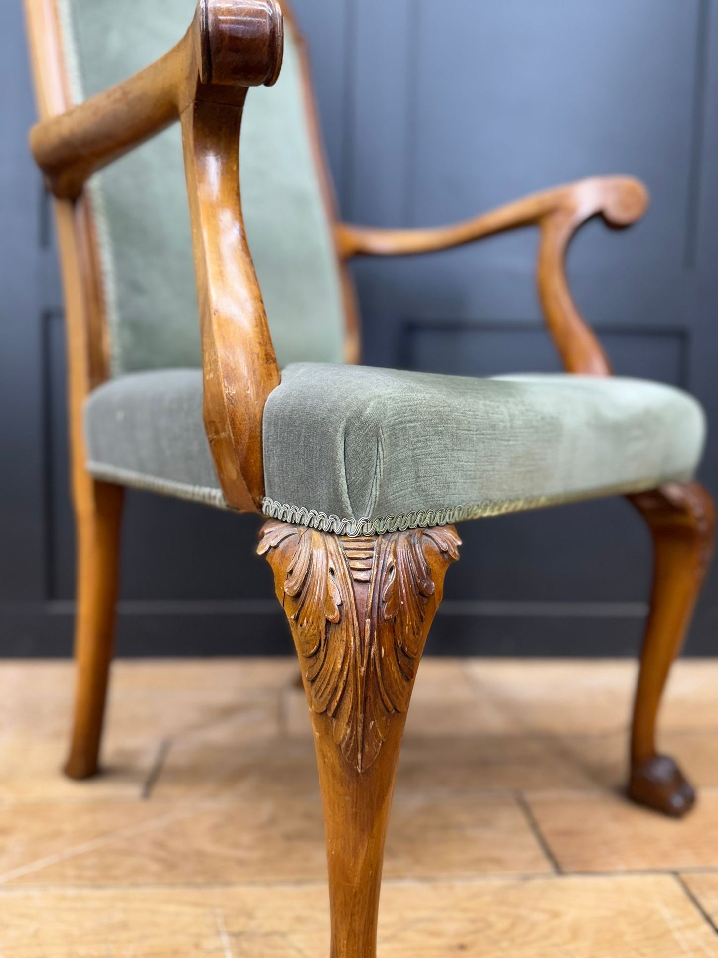 Carved Walnut Armchair | Claw & Ball Feet | Vintage Green Velvet Upholstery
