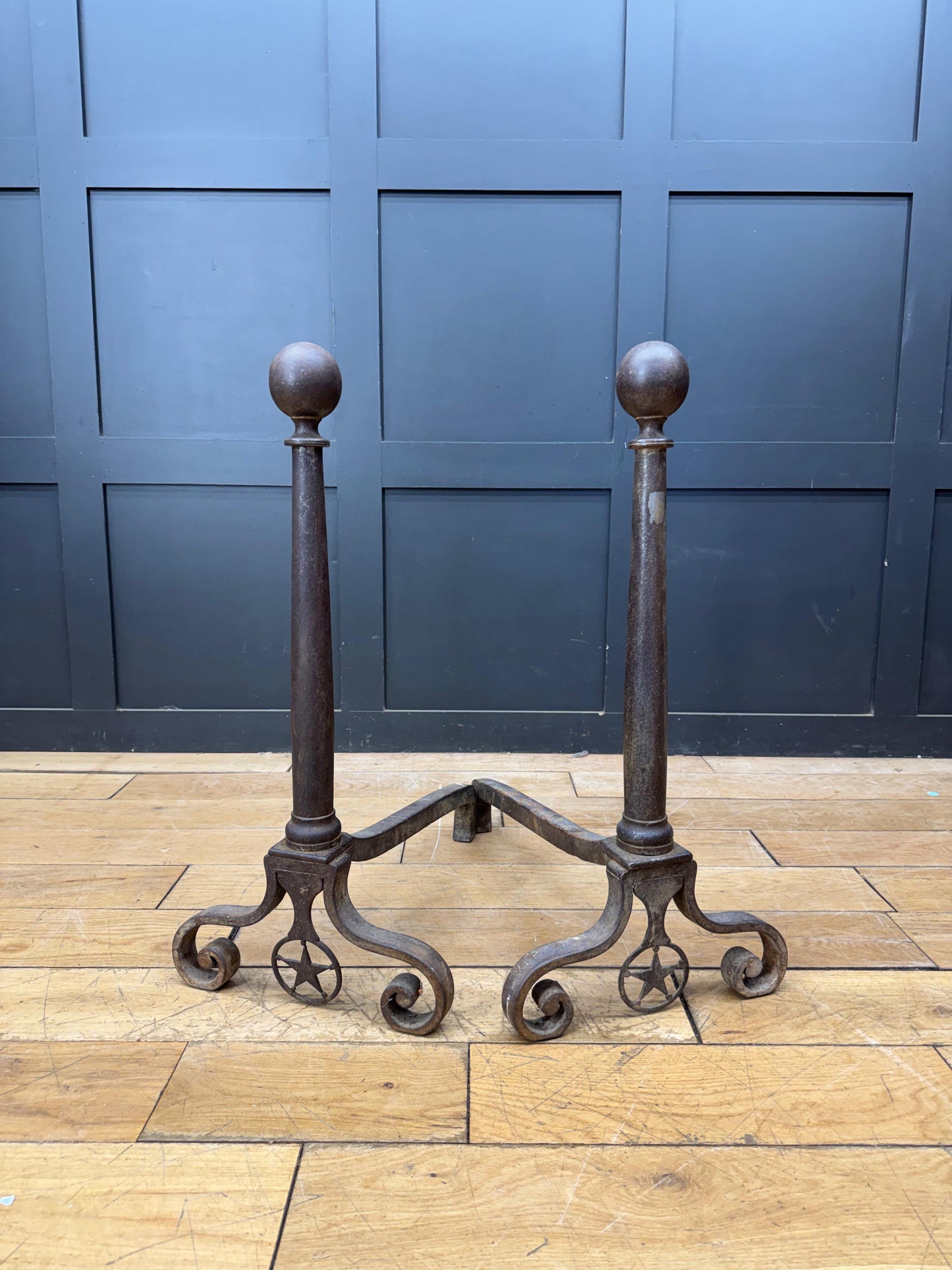 Large Pair Antique Cast Iron Fire Dogs Andirons Fireplace Scroll Supports c1900