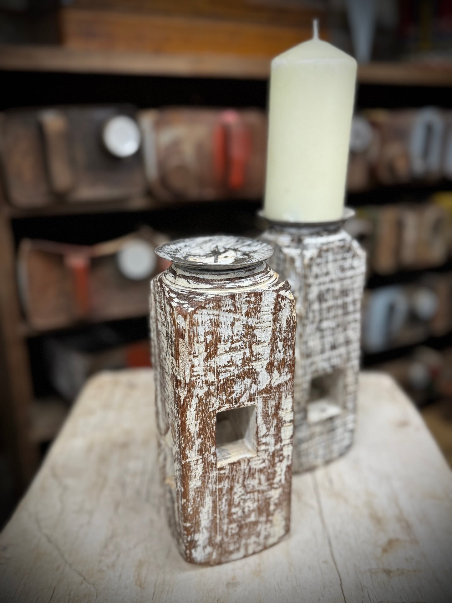 Pair Of Rustic Wooden Candle Holders / Large Church Candle Candlesticks /D