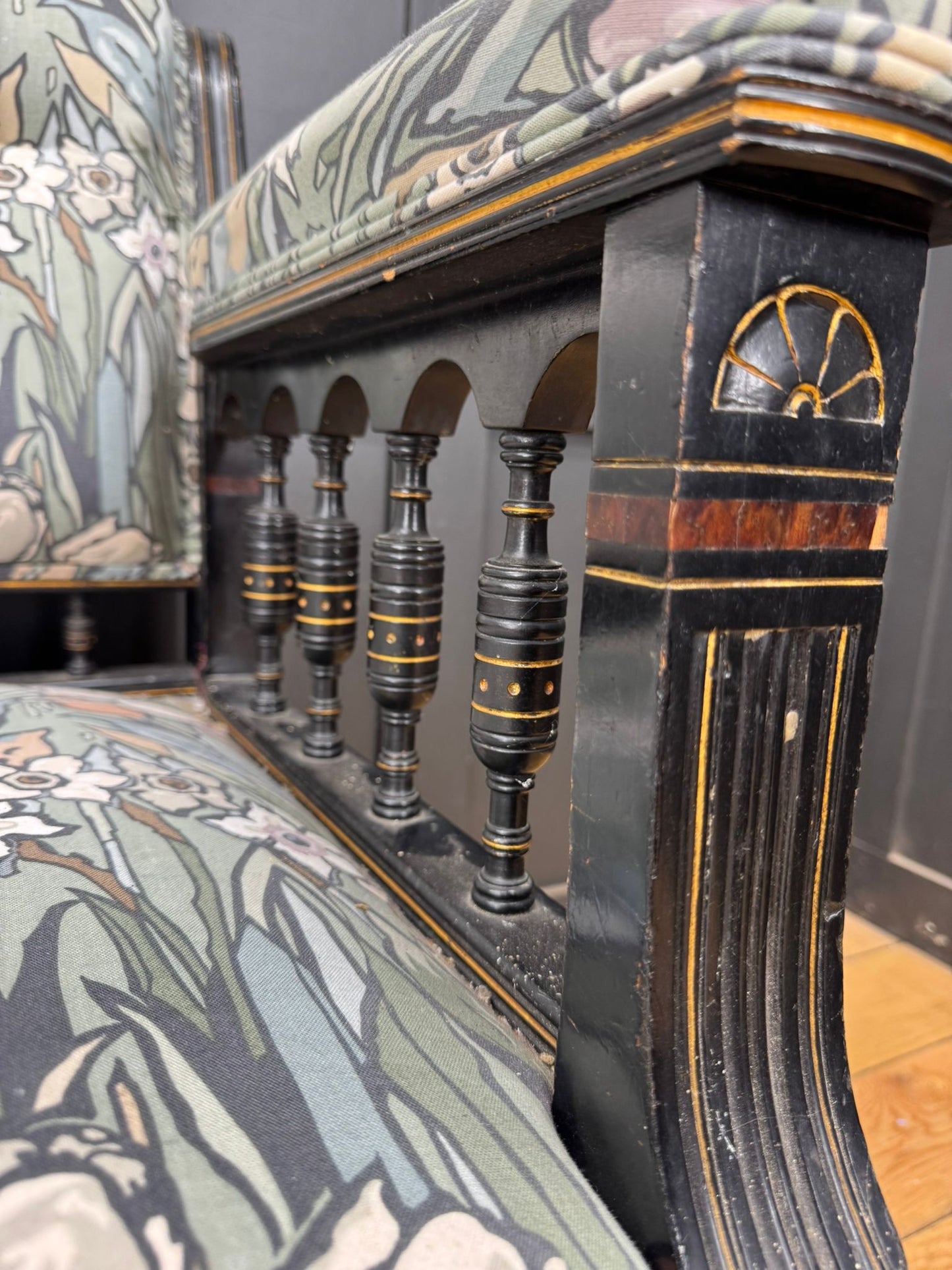 Antique Ebonised Arts & Crafts Settee – Inlaid Frame Vintage Sofa Couch