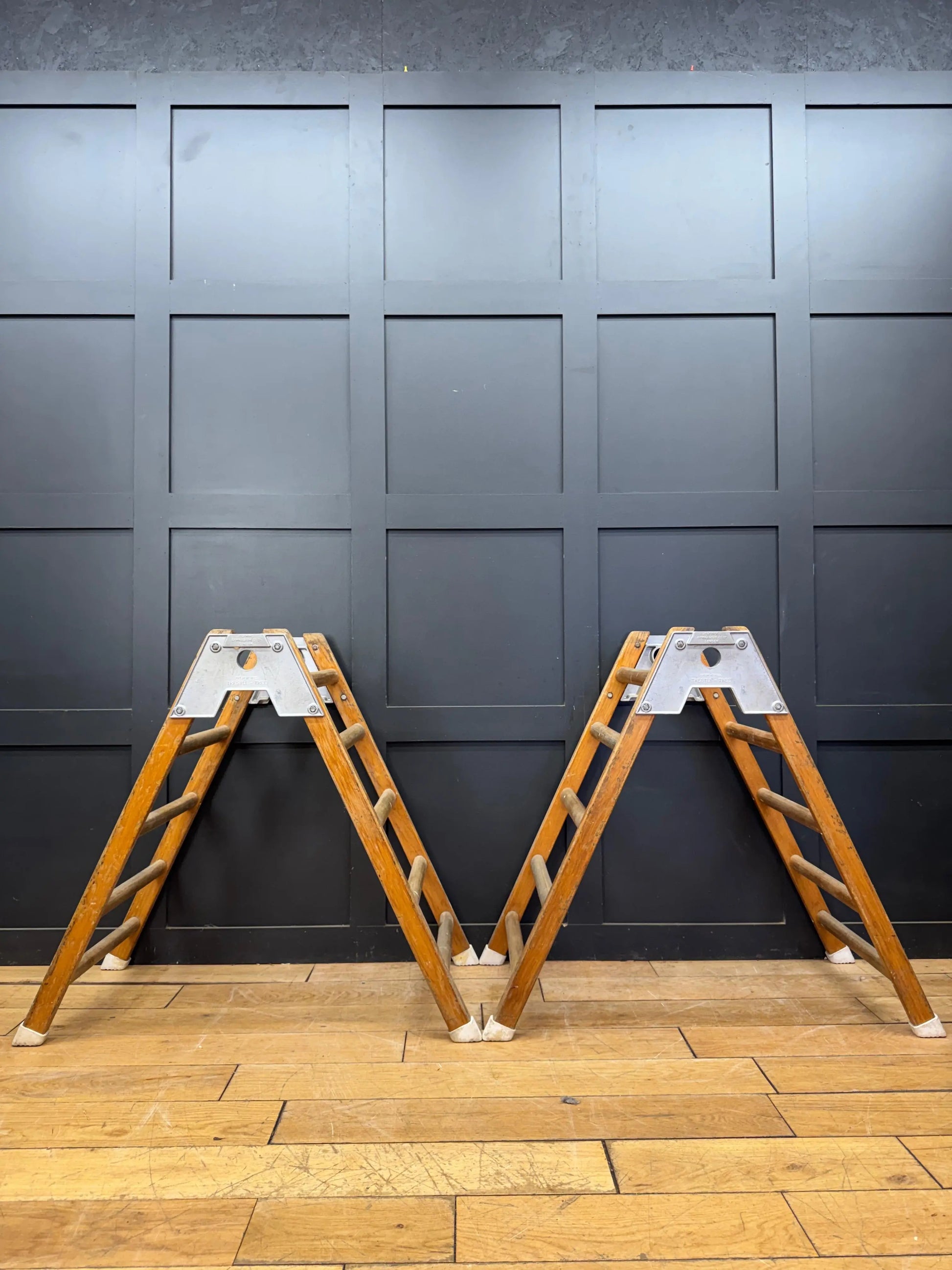 Mid Century Olympic Gymnasium Trestle Trees Wooden Gym Bars Vaulting Horses Pair RUSTIC WAREHOUSE NORFOLK