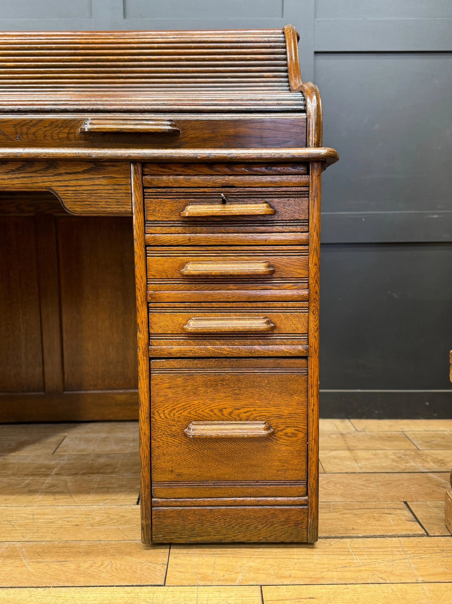 Edwardian Oak Roll Top Pedestal Desk Writing Desk With Fitted Interior RUSTIC WAREHOUSE NORFOLK