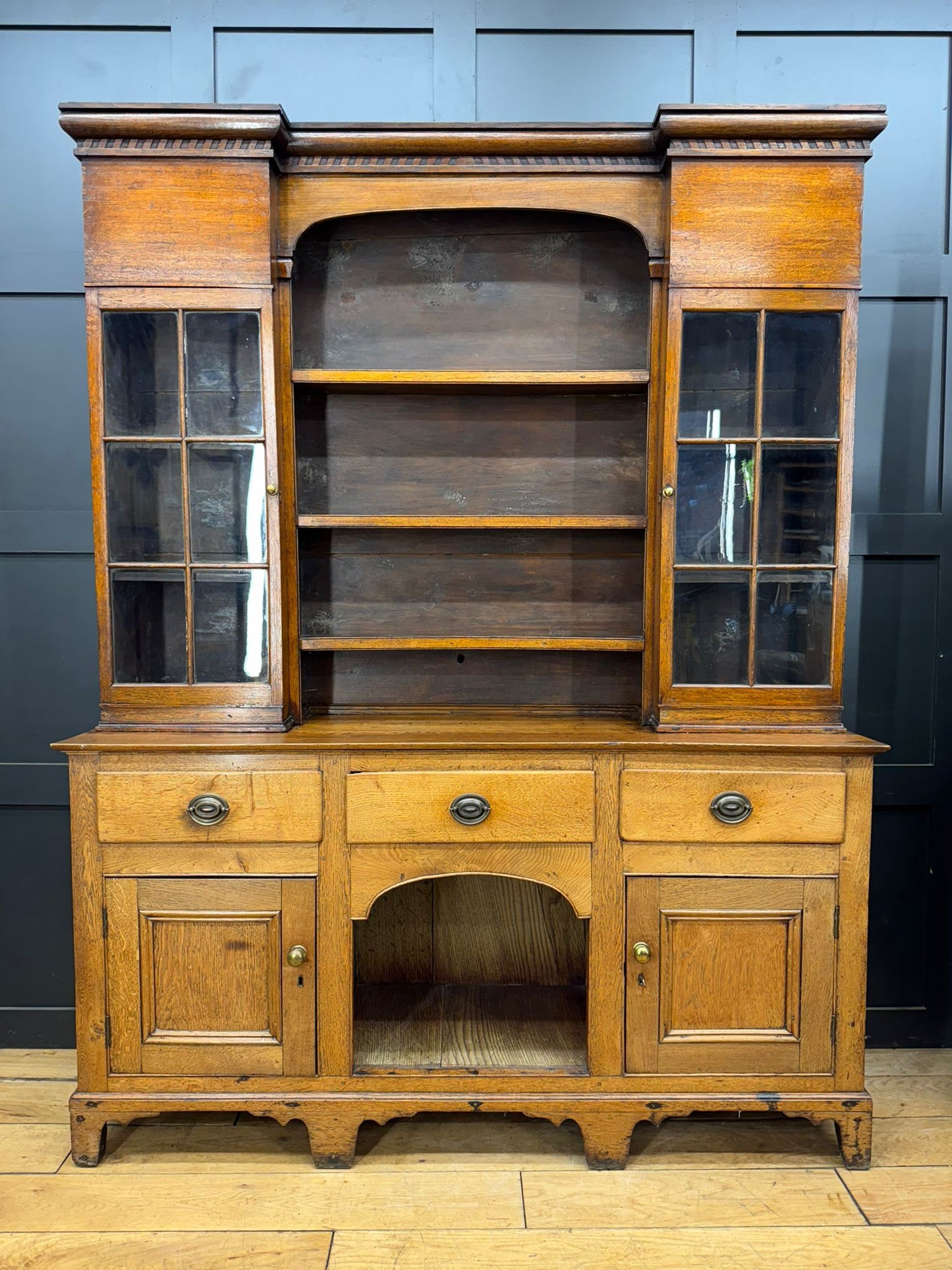 19th Century Provincial Oak Welsh Dresser –Glazed Cabinets Plate Racks Cupboard
