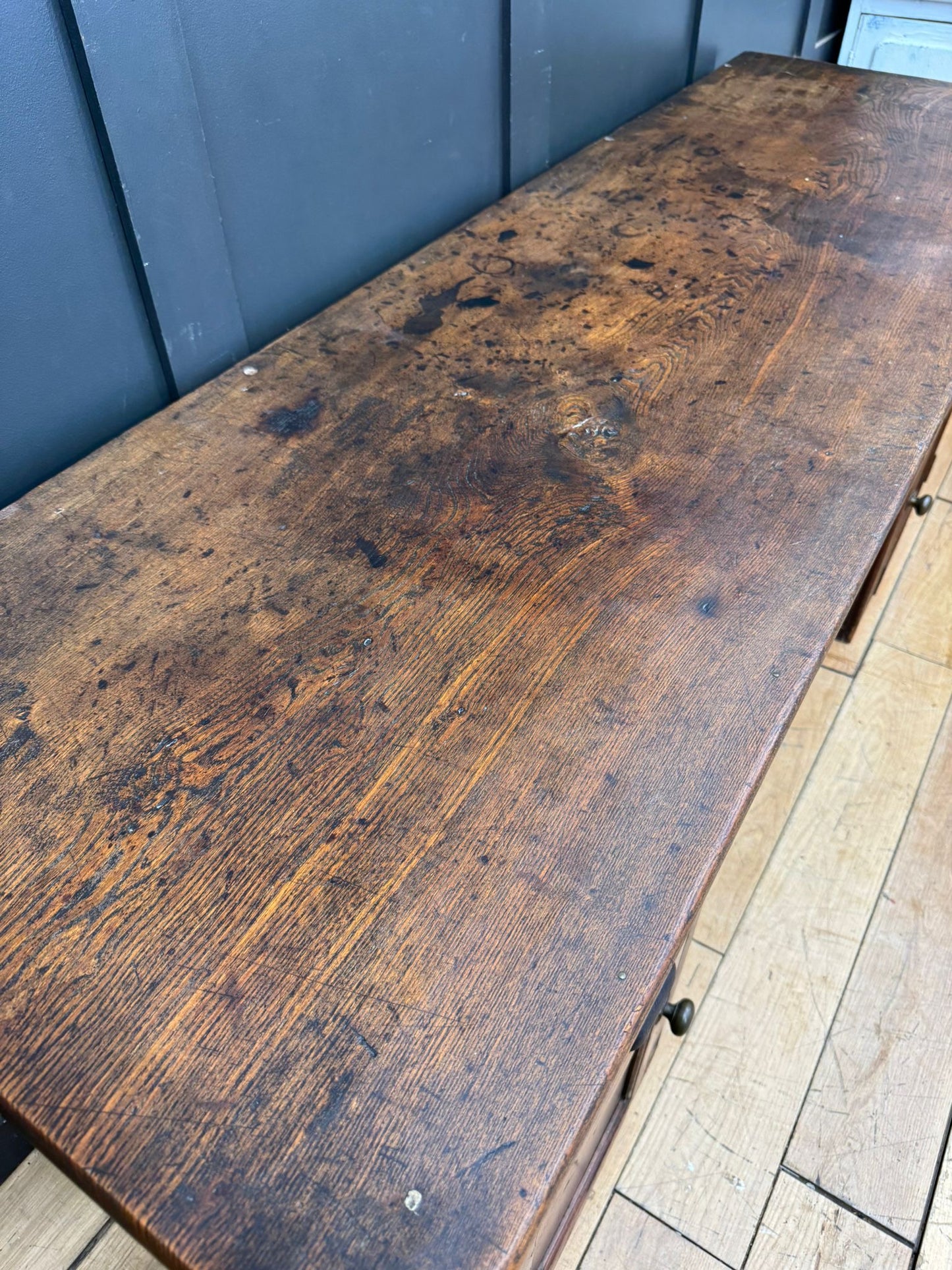 Antique Elm Clerks Desk – Rustic Pine Work Bench / Craft Table / Office Desk