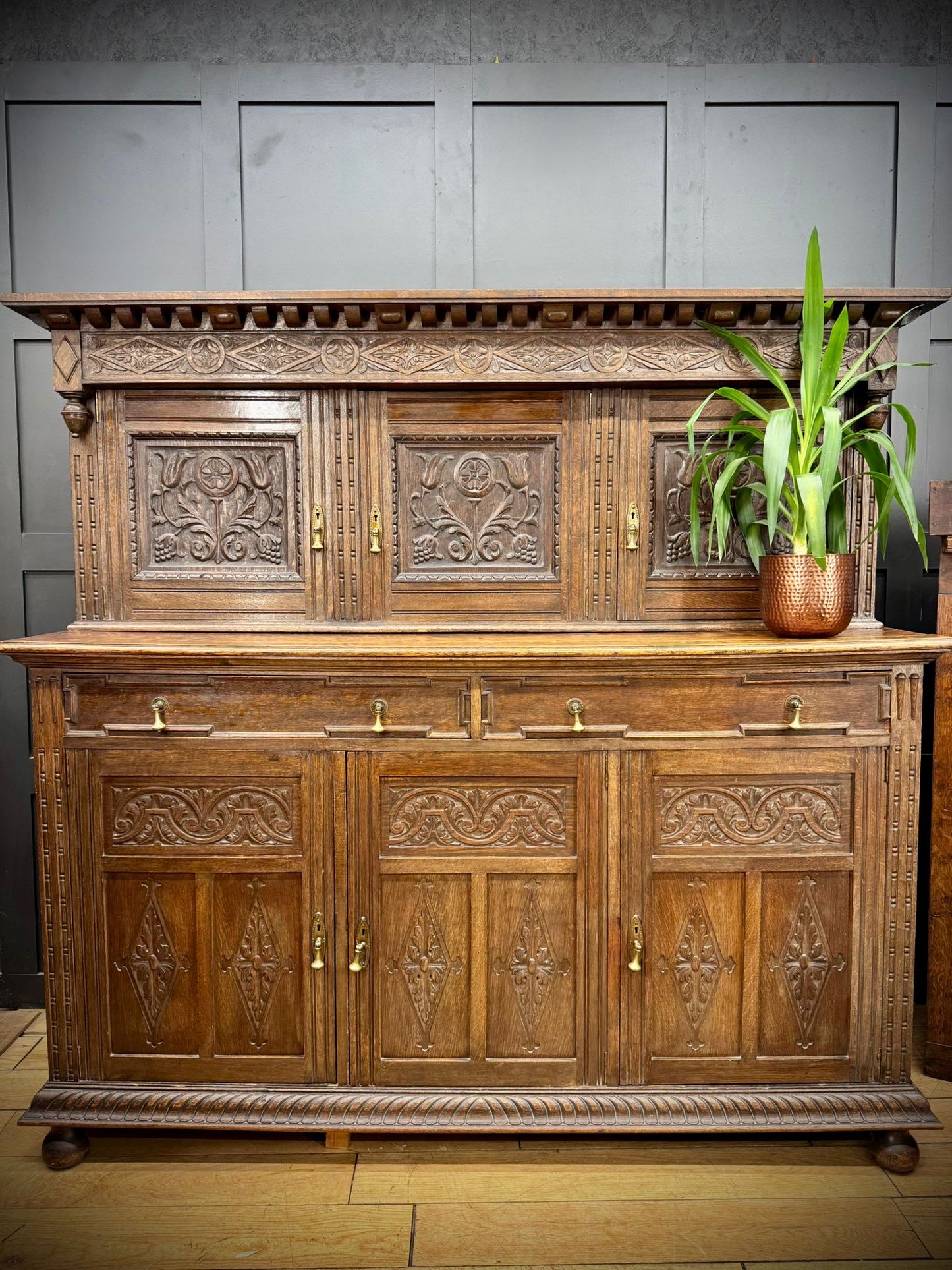 Large Antique Oak Court Cupboard / Victorian Carved Cabinet Sideboard
