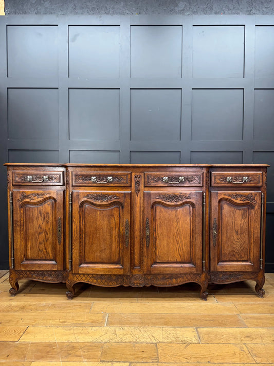 French Provincial Oak Breakfront Sideboard Buffet Cabinet Credenza 4 Door Large