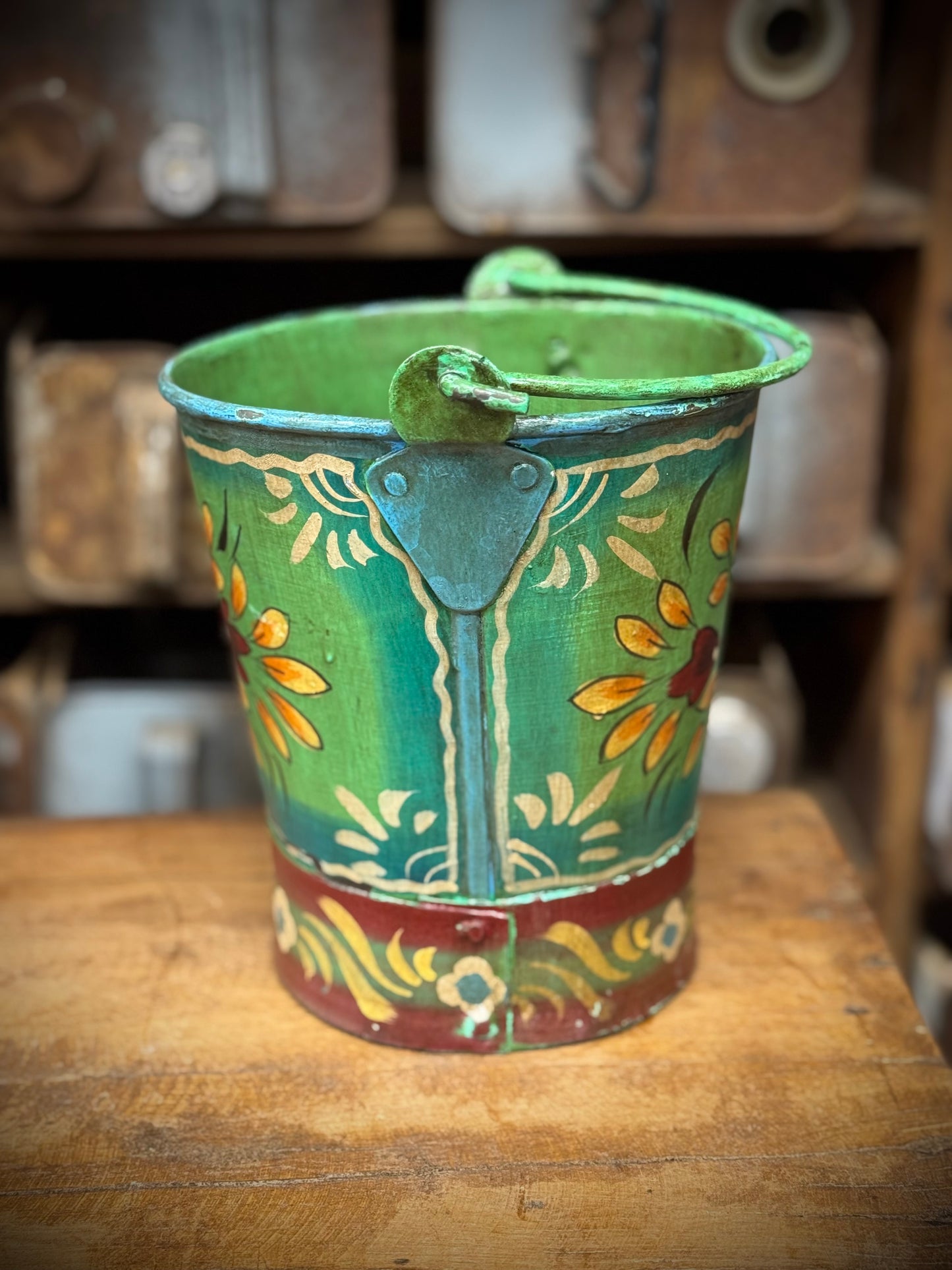 Vintage Small Hand Painted Bucket / Plant Pot / Herb Planter /Green /Red / Pail