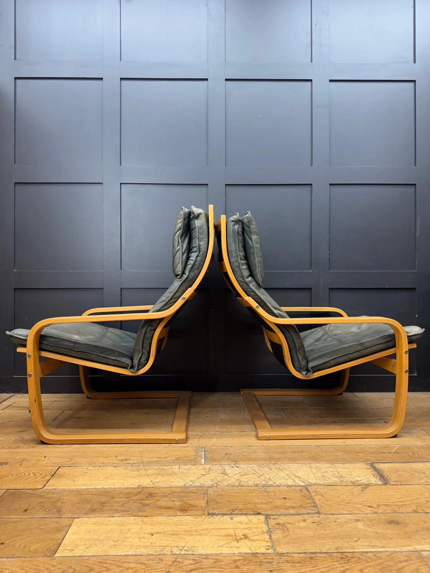 Pair of Vintage IKEA Poäng Green Leather Bentwood Armchairs – Retro Mid-Century
