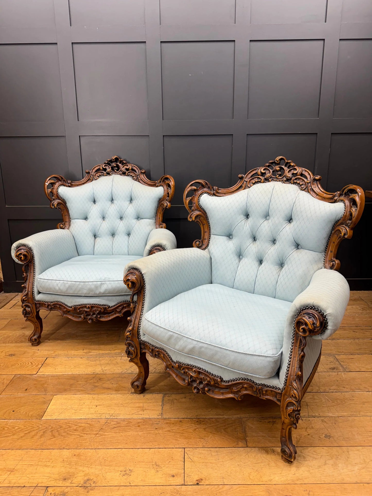 Pair Vintage Armchairs French Louis XV Style Rococo Carved Wood Upholstered
