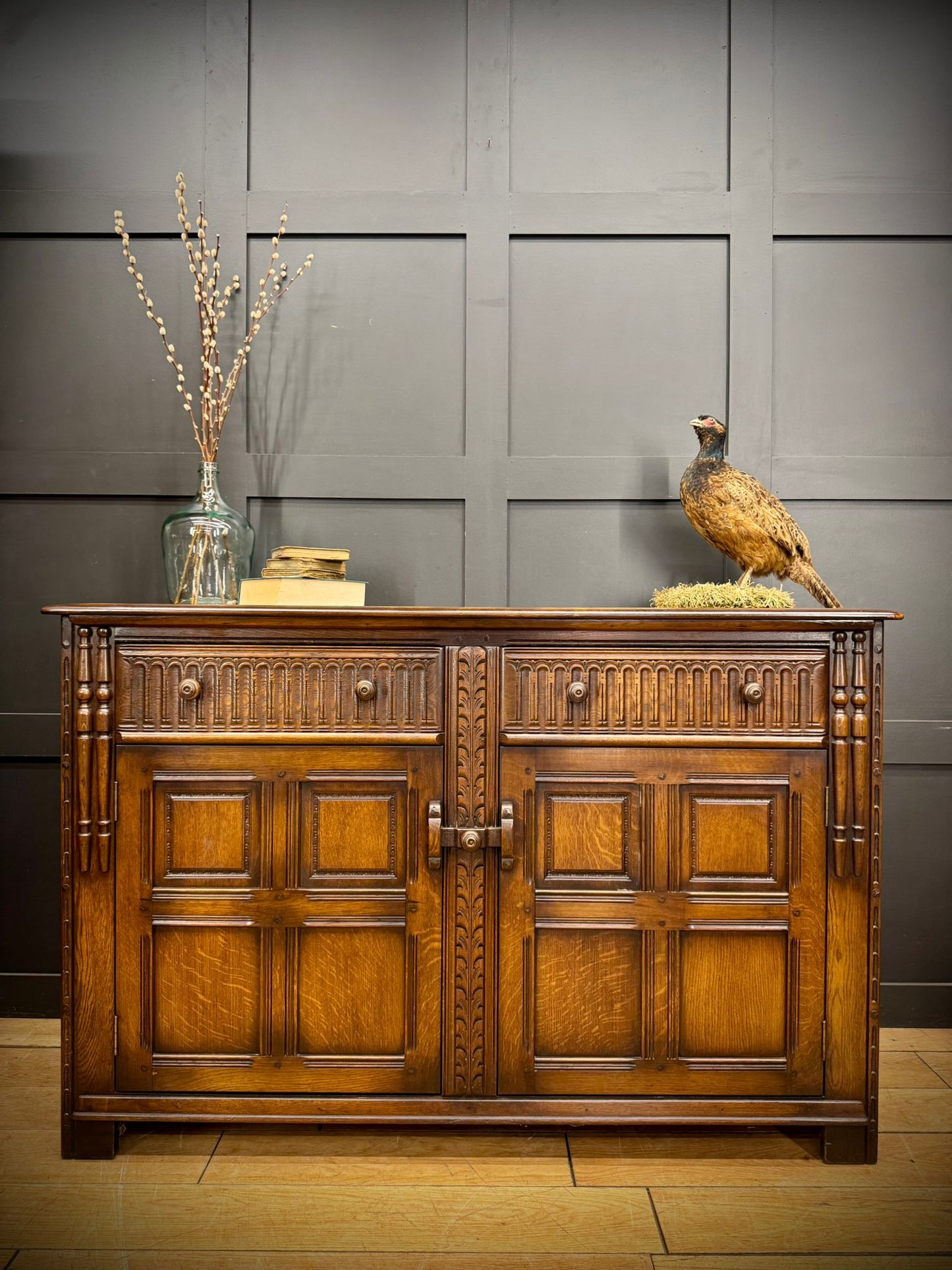 Ercol Old Colonial Large Sideboard – Oak, Carved Panel, Vintage Buffet Cupboard
