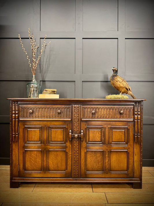 Ercol Old Colonial Large Sideboard – Oak, Carved Panel, Vintage Buffet Cupboard