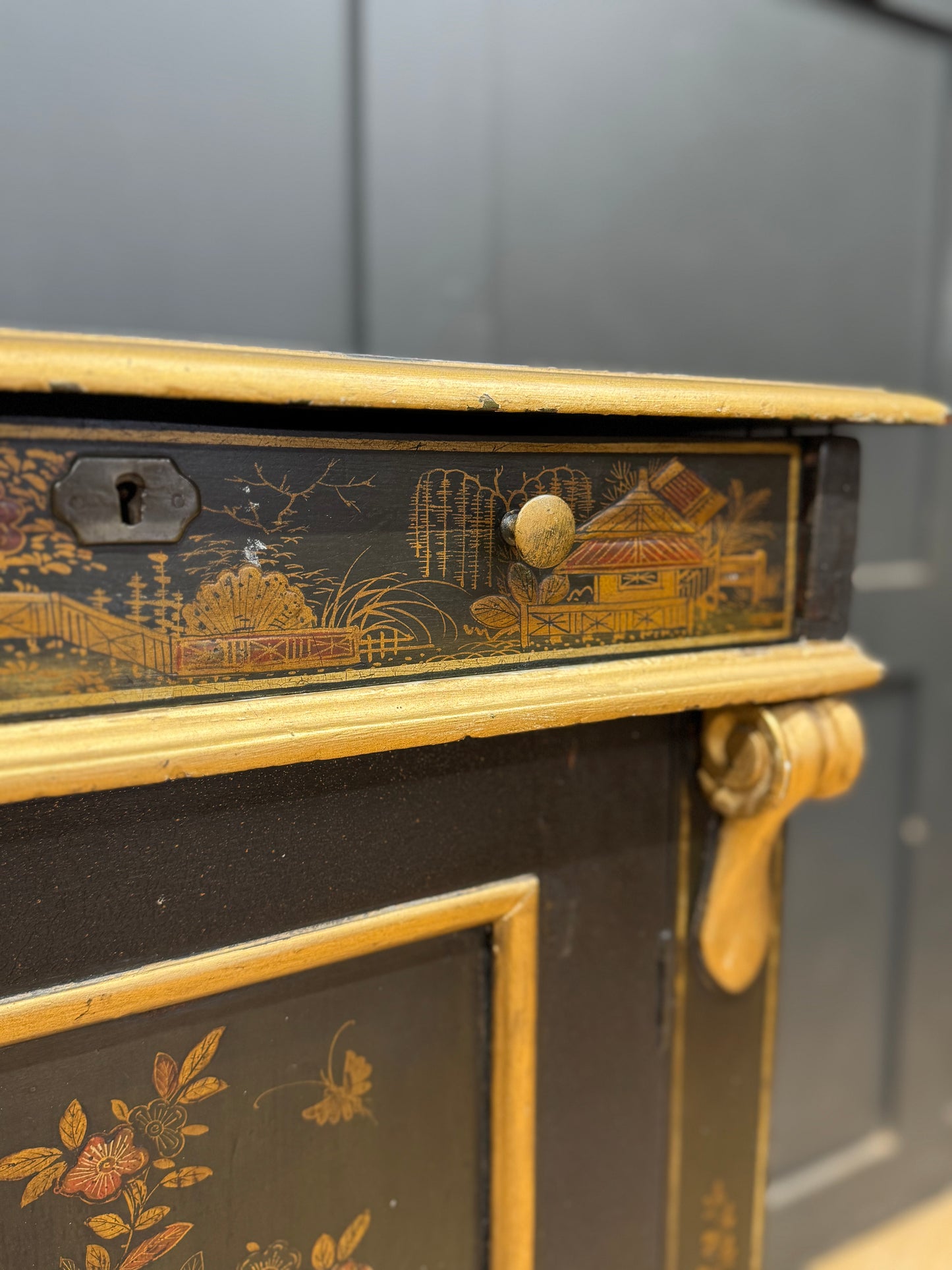 Antique Black Chinoiserie Cabinet Bedside Cupboard Oriental Painted Side Table