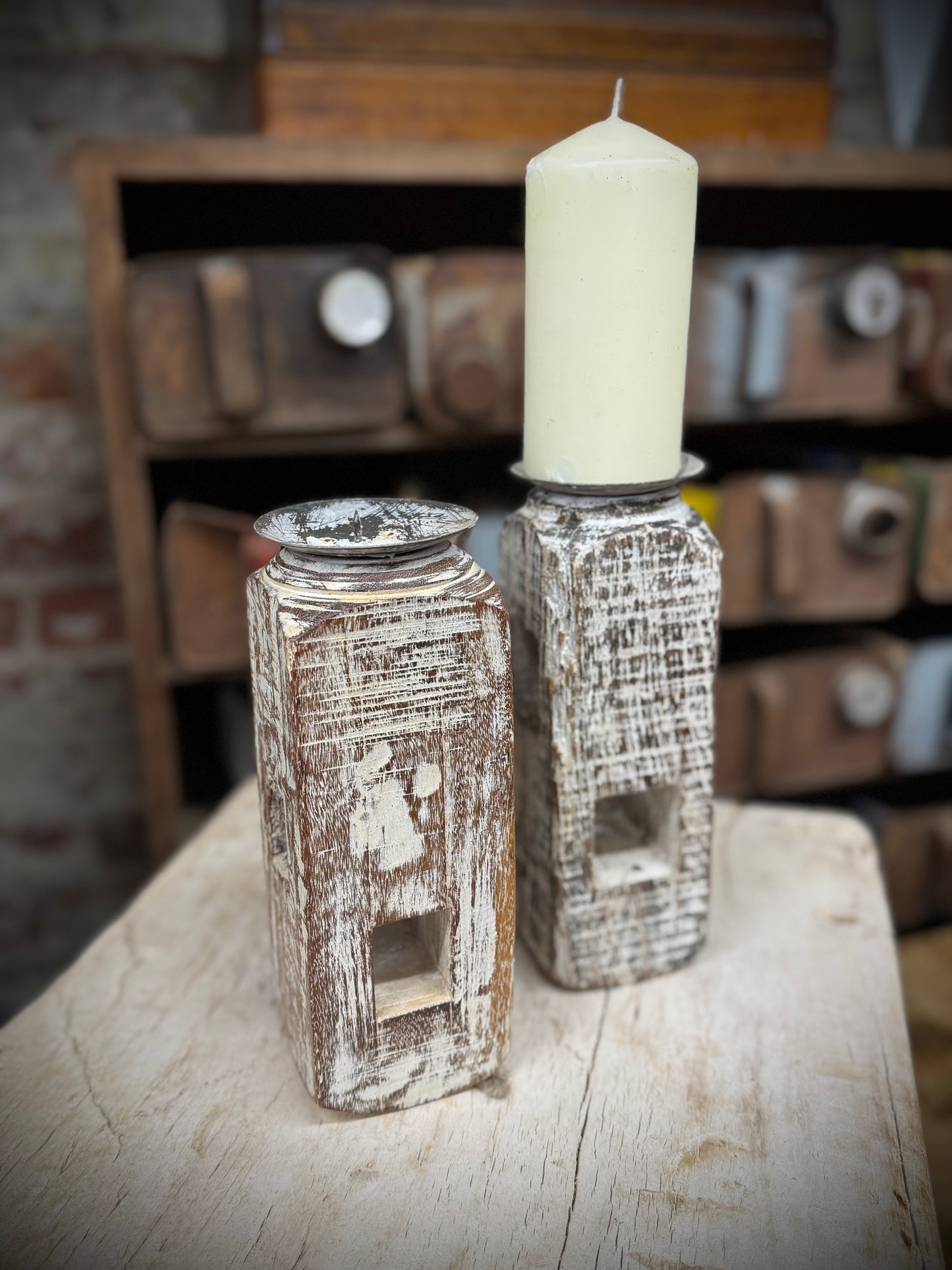 Pair Of Rustic Wooden Candle Holders / Large Church Candle Candlesticks /D