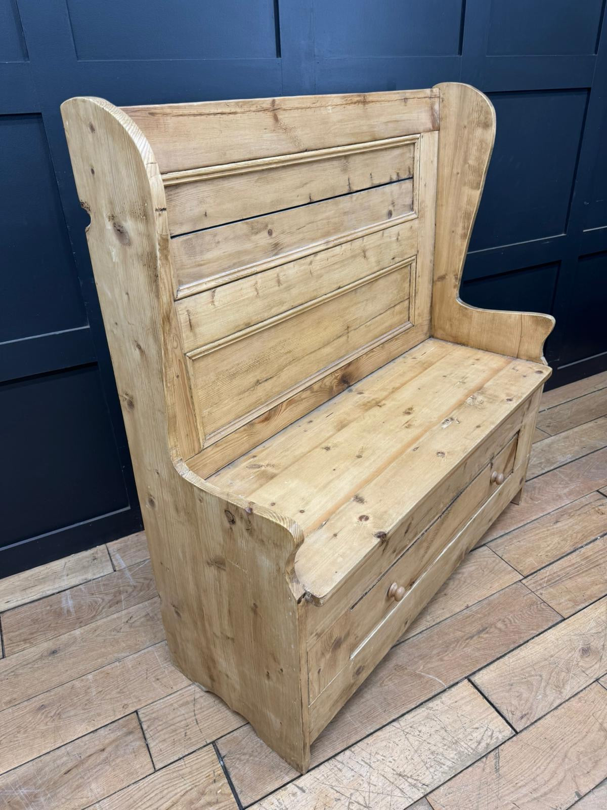 Vintage Pine Monks Bench with Drawer/ Rustic Hallway Storage Seat