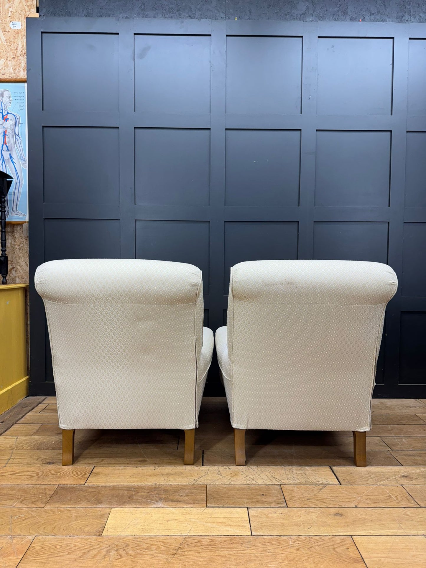 Pair of Contemporary Cream Upholstered Armchairs – Brass Castors /Lounge Chairs