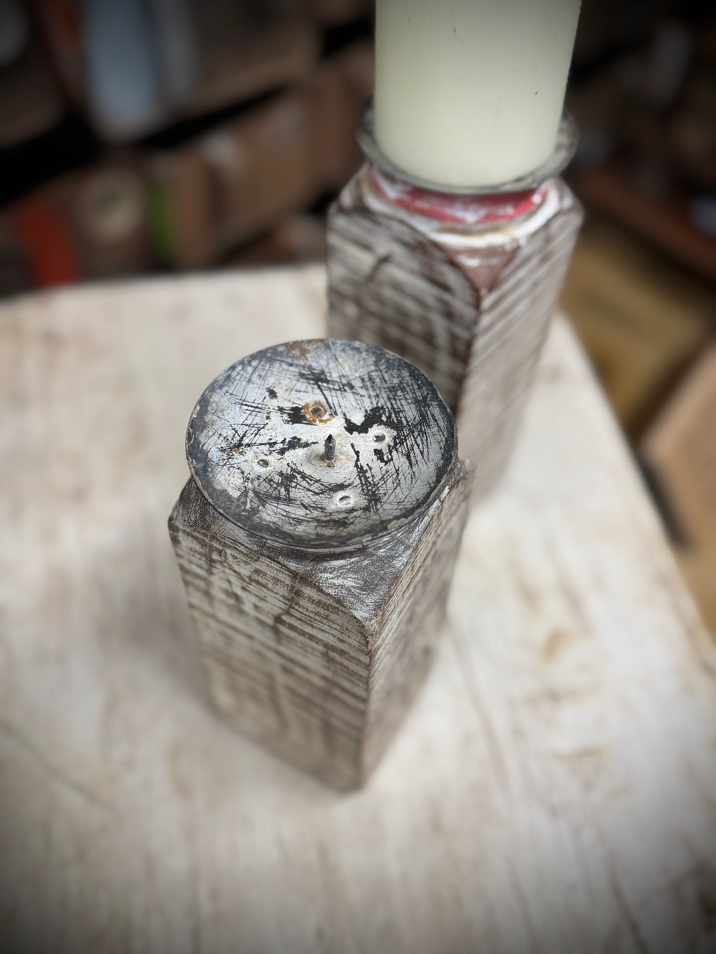 Pair Of Rustic Wooden Candle Holders / Large Church Candle Candlesticks /C