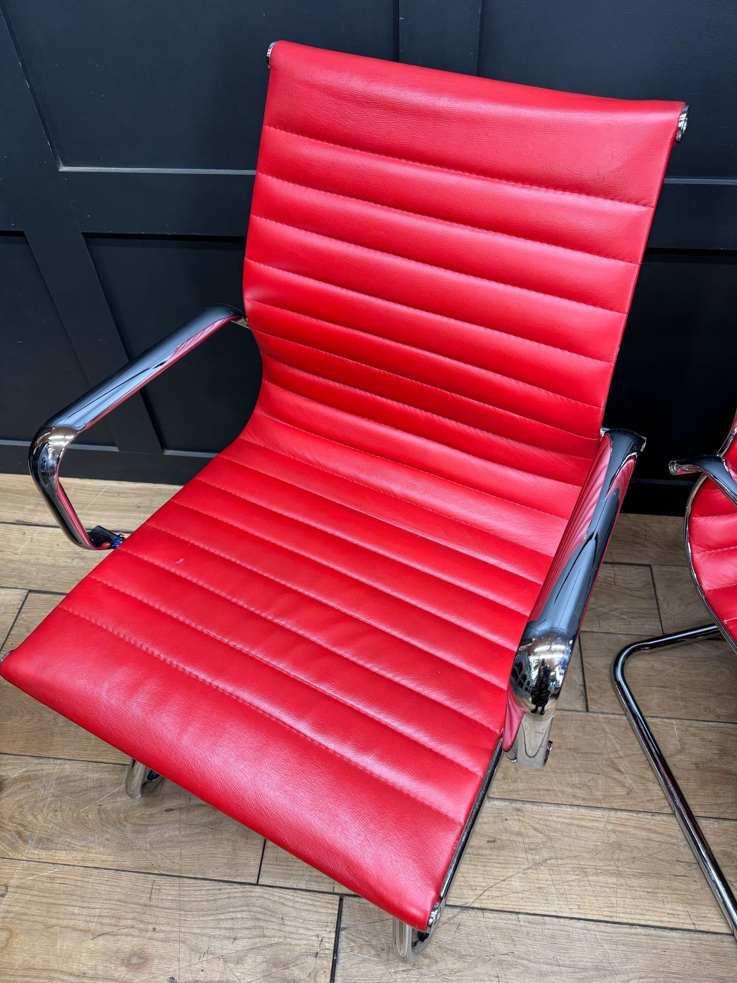 Pair Of Mid Century Style Chairs / Eames Style Chrome And Leather Chairs Seating