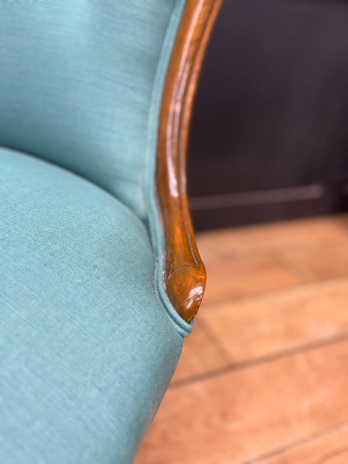 Victorian Walnut Nursing Chair in Green/Teal Upholstery / Bedroom Chair