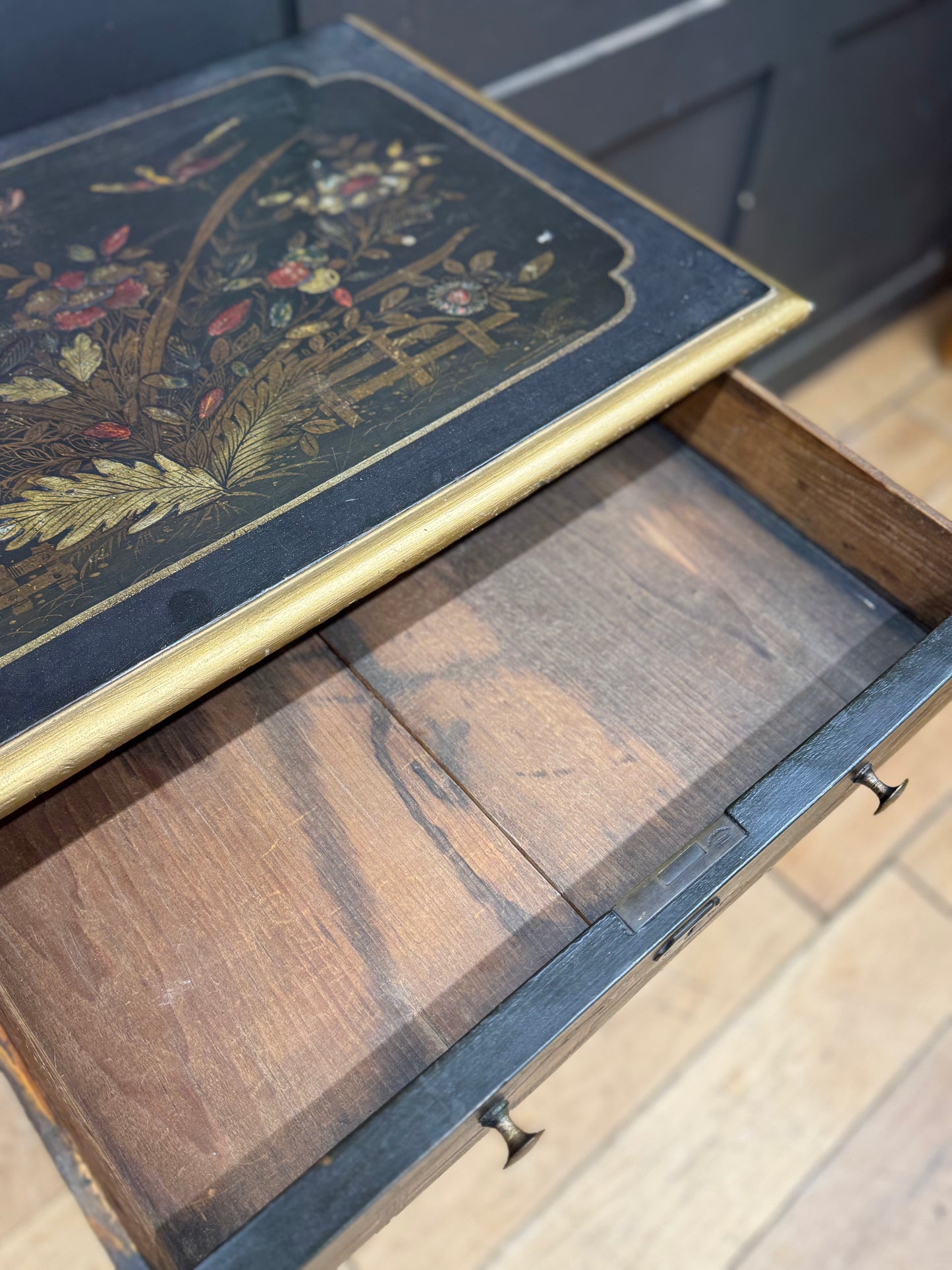 Antique Black Chinoiserie Cabinet Bedside Cupboard Oriental Painted Side Table