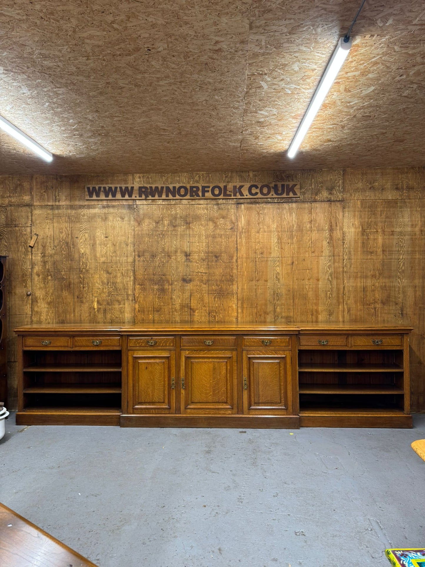 Victorian Solid Oak Breakfront Library Bookcase, TV Stand, Sideboard Display