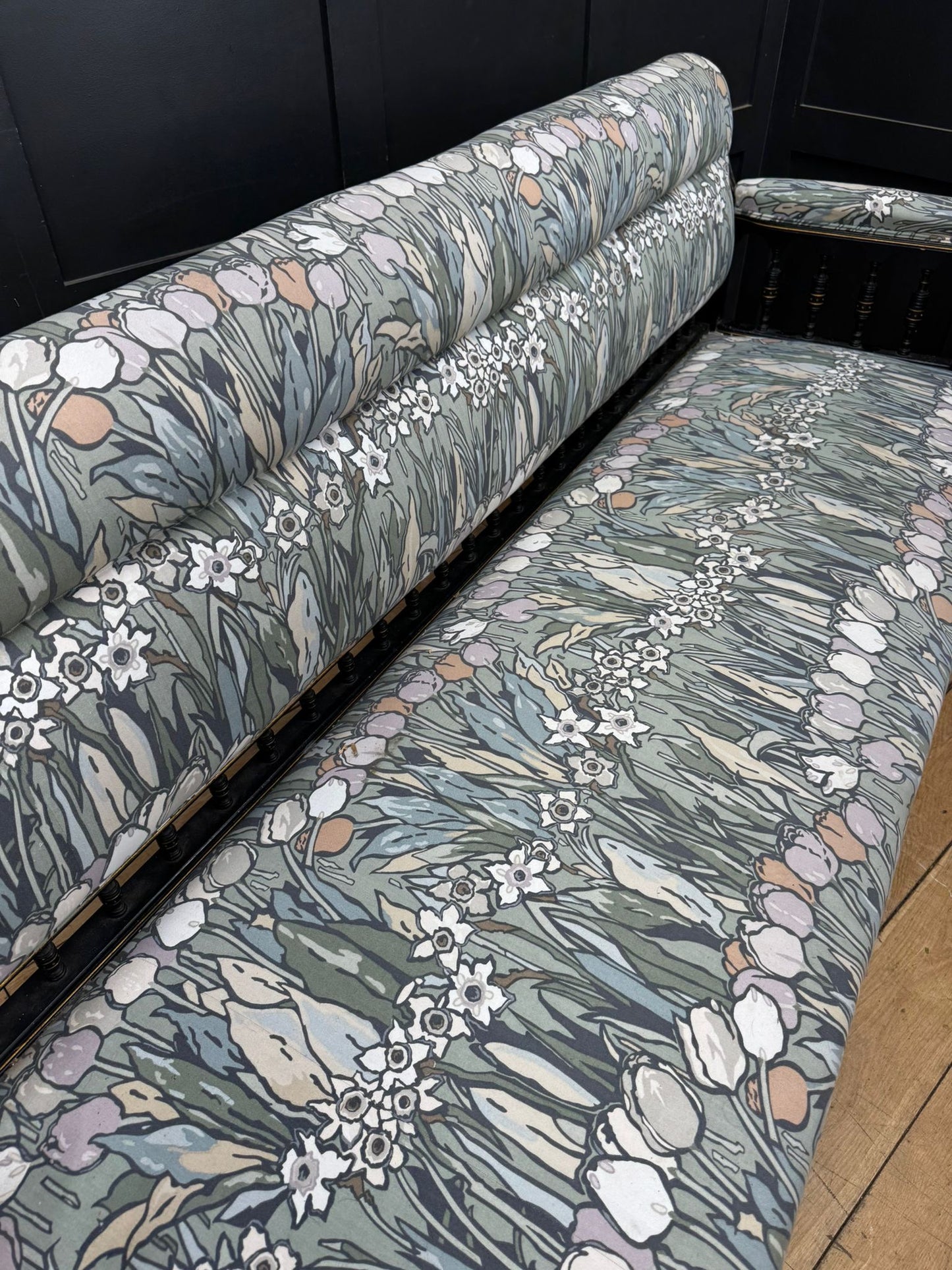 Antique Ebonised Arts & Crafts Settee – Inlaid Frame Vintage Sofa Couch