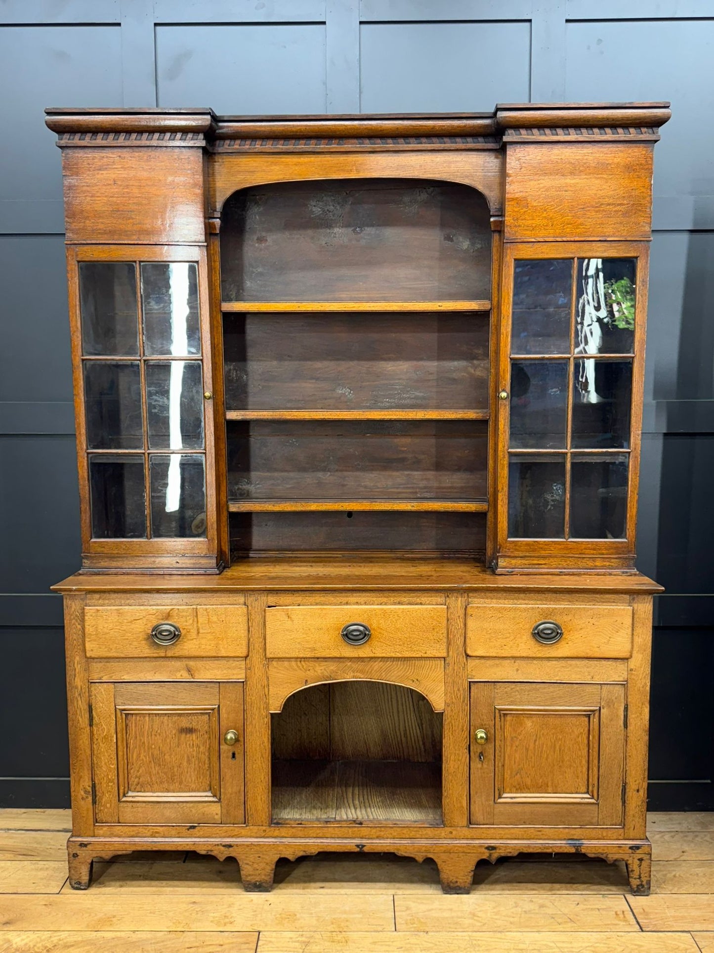 19th Century Provincial Oak Welsh Dresser –Glazed Cabinets Plate Racks Cupboard