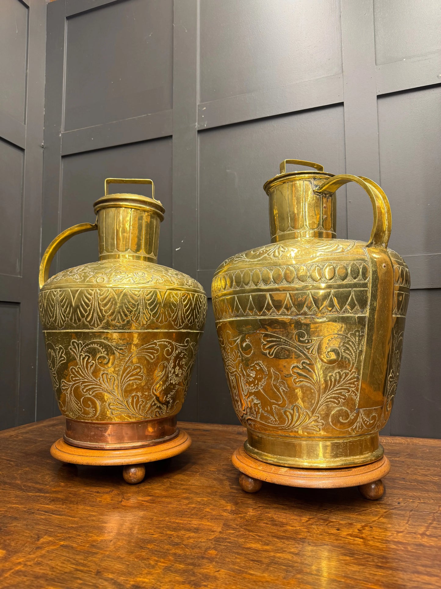 Antique Pair Large 19th Century Dutch Brass Floor Vases Jugs Urns  Display Decor