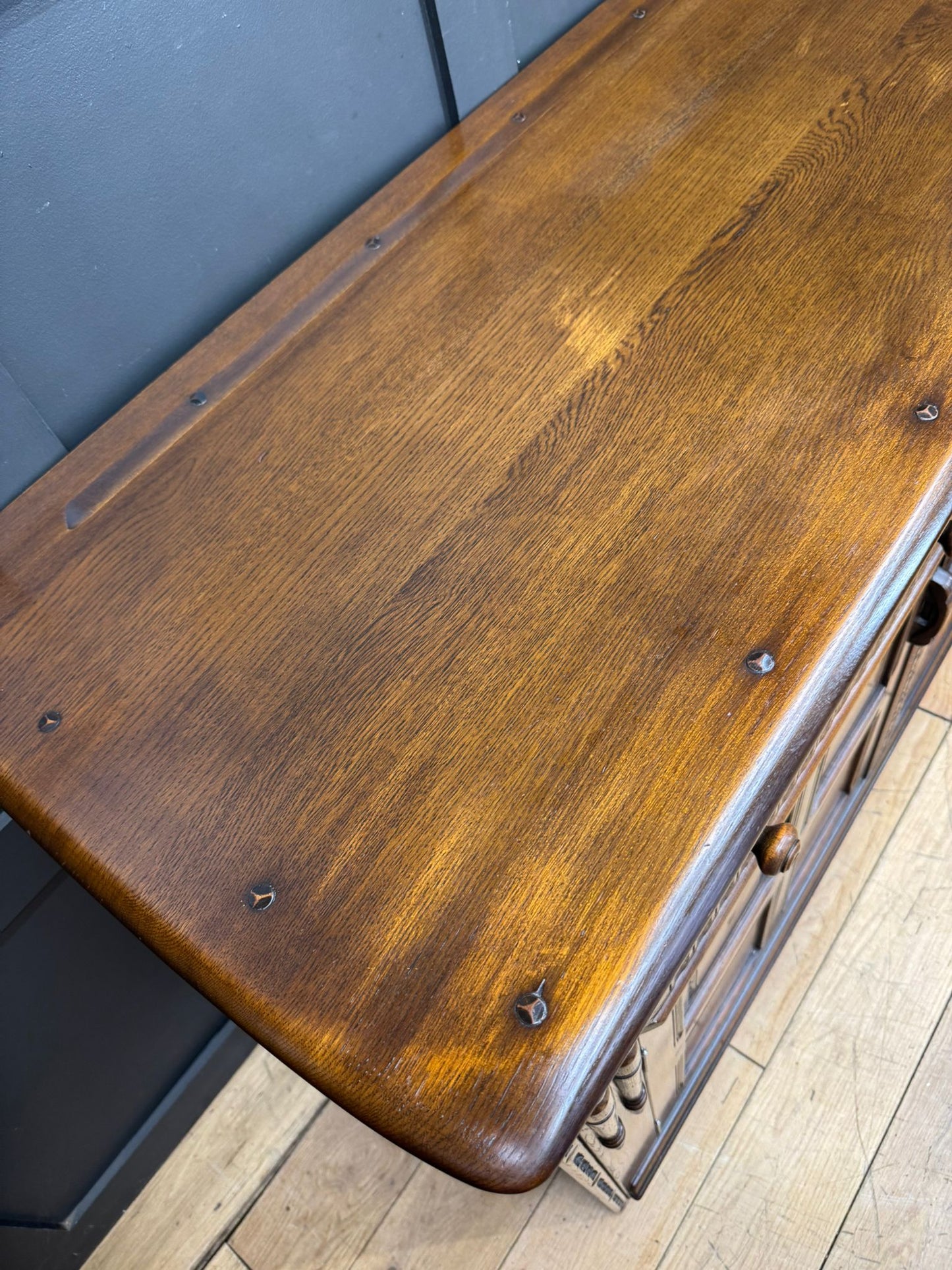 Ercol Old Colonial Large Sideboard – Oak, Carved Panel, Vintage Buffet Cupboard