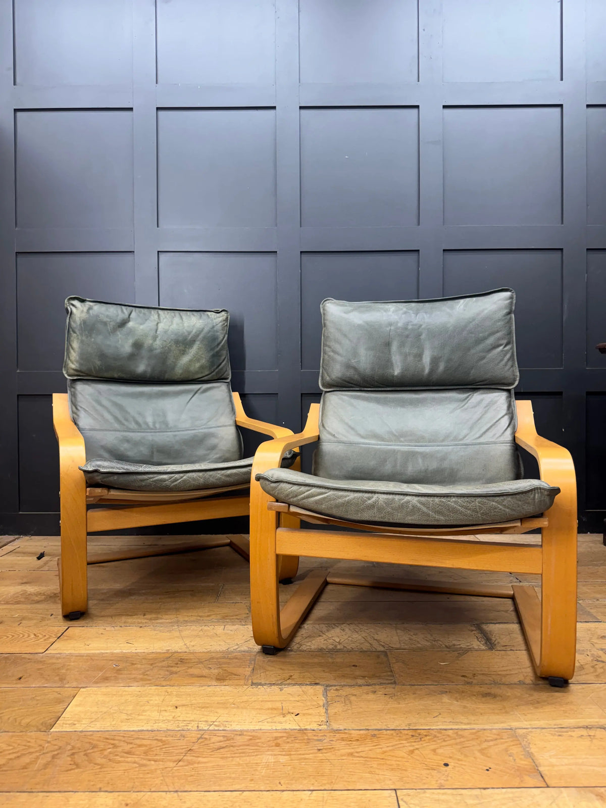 Pair of Vintage IKEA Poäng Green Leather Bentwood Armchairs – Retro Mid-Century